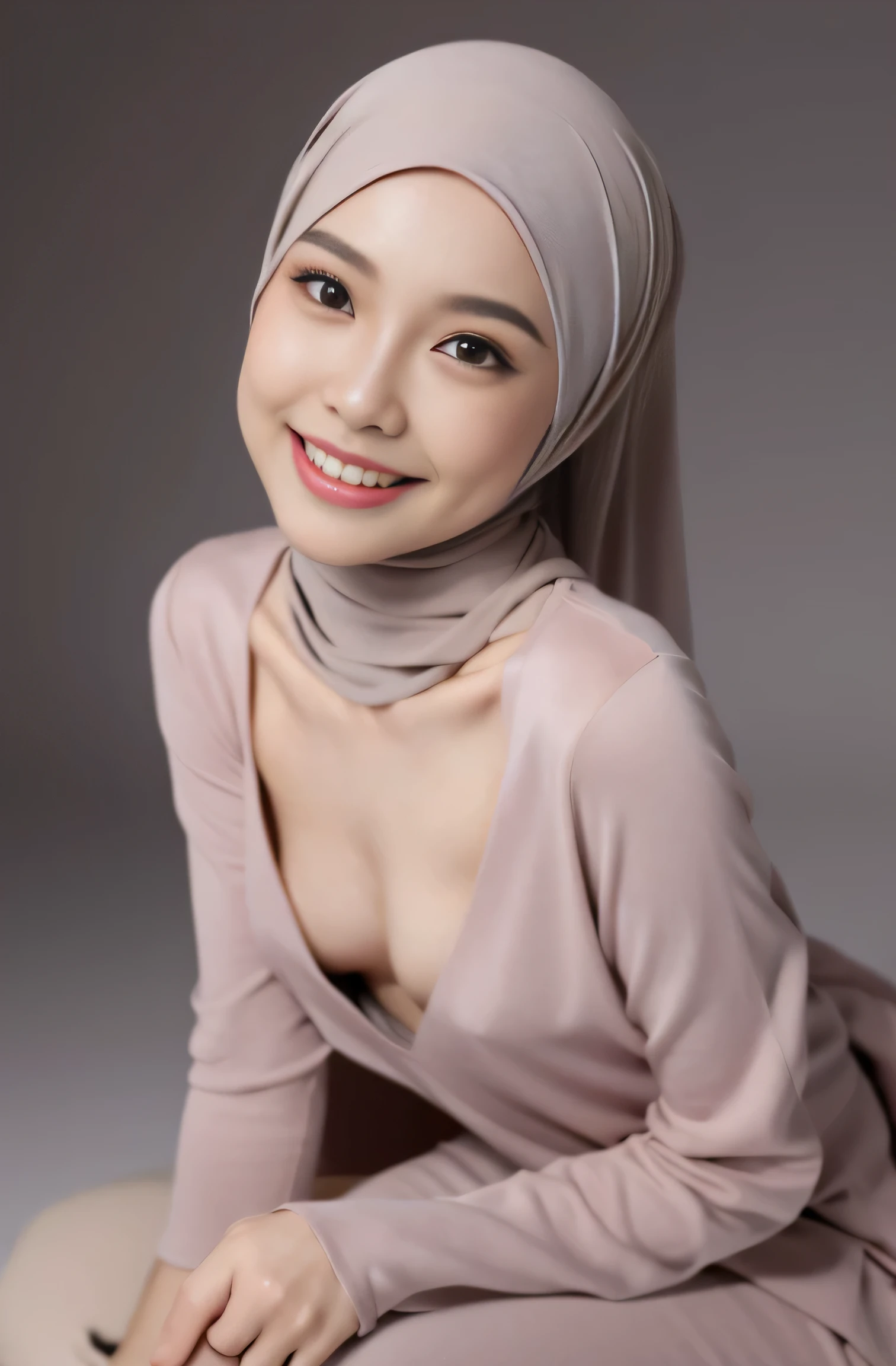 Very very very skinny asian hijab little flat chest, medium breast, (naked, nsfw), close up face, dynamic angle, smile showing teeth, photorealistic, high resolution, looking at viewer, sharp focus, detailed, professional lighting, from above