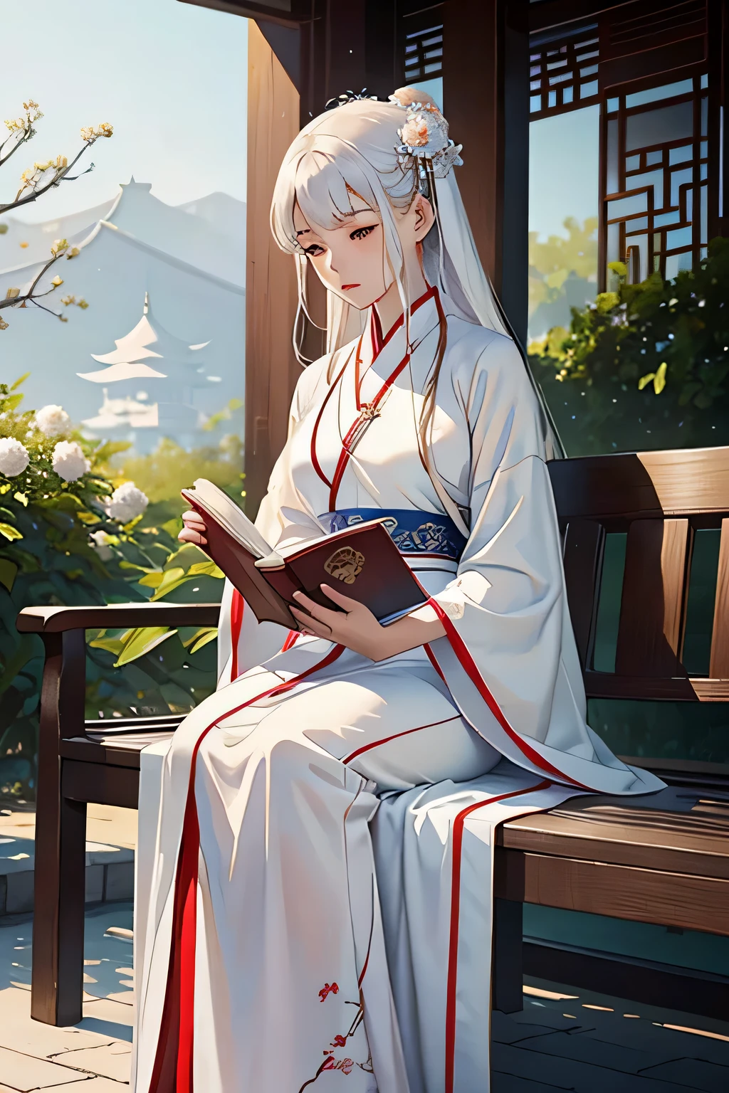Araf woman in white dress sitting on bench and reading book, white hanfu, palace , girl wearing hanfu, flowing White robe, hanfu, Wearing ancient Chinese clothes, Paired with ancient Chinese costumes, Inspired by Tang Yin, White robe, flowing robe, Chinese traditional clothing, wearing White robe, wearing White robe