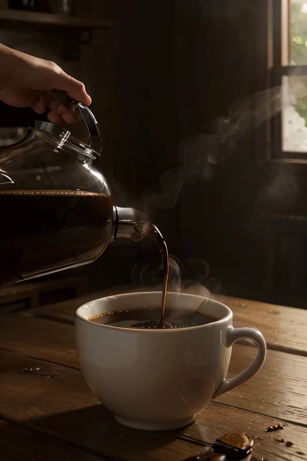 Create a realistic high-resolution scene of a bottle pouring coffee into a cup. The cup should be filled with hot coffee, com vapor subindo dele. O ambiente deve ser cuidadosamente iluminado para destacar os detalhes da garrafa, cup, and coffee steam, criando um ambiente acolhedor e convidativo. The main focus of the scene should be on the fluid action of pouring the coffee into the cup and the steam rising delicately, transmitting the sensation of aroma and heat.

Additional Instructions:

Make sure the scene is as realistic as possible, com texturas naturais e reflexos nos objetos, providing an immersive visual experience.
Lighting must be carefully adjusted to highlight details and create realistic shadows, acentuando o ambiente aconchegante.
Ensure that the steam rising from the cup is represented subtly and realistically, transmitting the feeling of heat and freshness of coffee.
Video resolution must be at least 1080p to ensure a clear and detailed view of the scene.
The video should have a minimum duration of 10 seconds to adequately capture the action of pouring the coffee and the steam rising from the cup, providing an immersive experience.
Use advanced rendering techniques, If necessary, to achieve the desired realism and create a visually stunning and inviting scene.