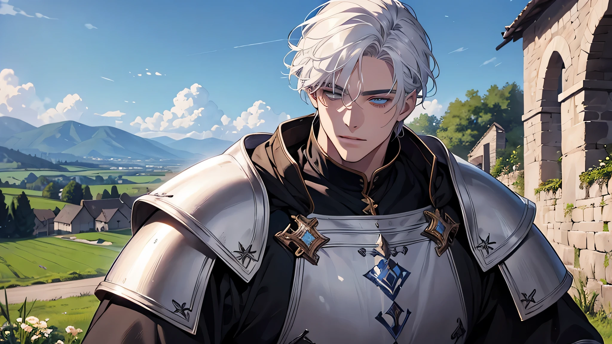 1 handsome man, white hair, in a small village, countryside, blue sky, medieval times, knight, confused face, face detailed, plump lips, no expression, calm face, detailed eyes, detailed nose,