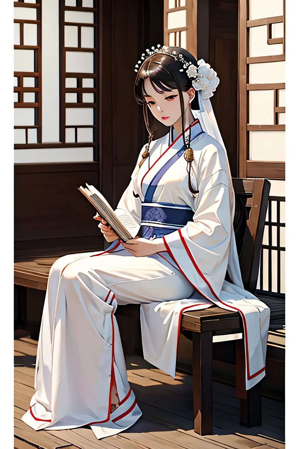 Araf woman in white dress sitting on bench and reading book, white hanfu, palace , girl wearing hanfu, flowing White robe, hanfu, Wearing ancient Chinese clothes, Paired with ancient Chinese costumes, Inspired by Tang Yin, White robe, flowing robe, Chinese traditional clothing, wearing White robe, wearing White robe