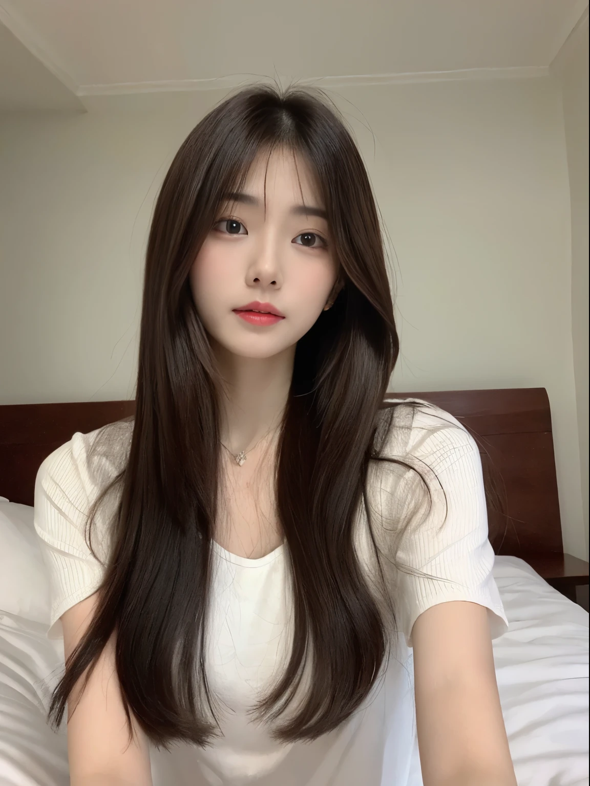 A close up of a woman sitting on a bed with a white shirt - SeaArt AI