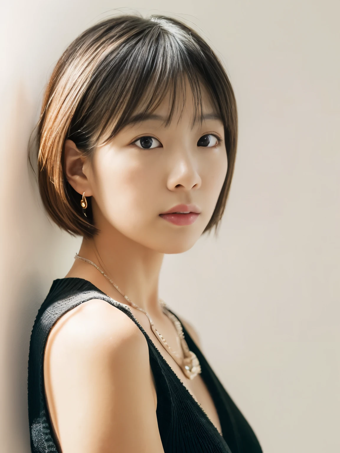 ((masutepiece,top-quality)), (photographrealistic:1.4),(((masutepiece,8K)),white wall,(white room),((full body photo))),shot in natural light,highly detailed face and skin texture,highly detailed lips,correct state of the human body,Superhigh resolution,(Photoreal:1.4),top quality, 1 beautiful woman, 38 years old, s, 60mm lens, Light beige Knit,(medium hair),Japanese woman,(black hair),Versatile poses,looking at the camera,natural lip color, necklace
