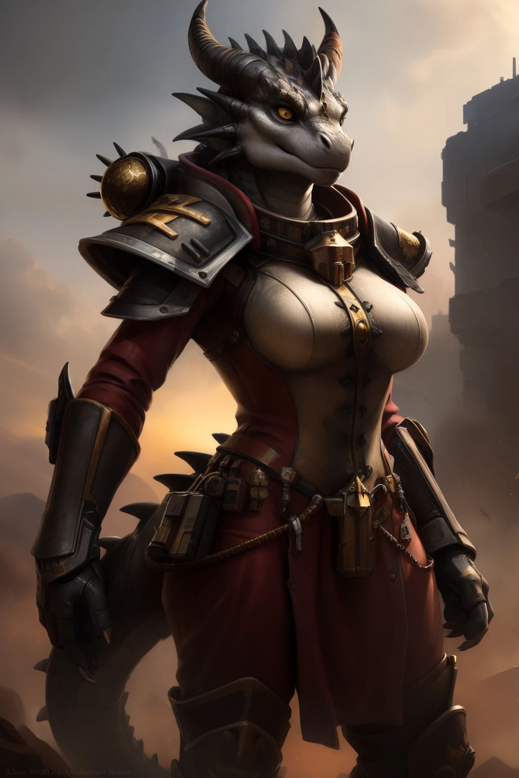 Character Portrait, Adult, (woman's:1.4), (anthro:1.2), dragon, woman, warhammer 40000, sisters of battle, adeptus sororitas, Thin, hi res, photo realism, soft shading, presenting , (A detailed eye:1.1), Beautiful eyes, (Masterpiece:1.2), Detailed Face,  good anatomy, Detailed scales, 1tail, tail, Cinematic lighting, ultradetailed, Professional photography, HDR, 3d, lifelike, Cinematic, Realistic, hyper detailed, max detail, surround light, Author: kenket , by Ross Tran, Michael & Inessa Garmash, pino daeni, by ruan jia, 独奏, (Realistic scale, scale, Realistic texture scale:1), Detailed background, Photorealistic, hyper realistic, Standing, exteriors, battlefield, Heavy Bolter, ((броня adeptus sororitas, White paint, gold paint, Round outlines, Imposing view,))