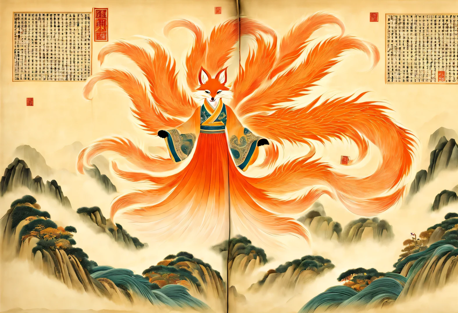 The nine-tailed fox, the mythical beast in ancient Chinese Classic of Mountains and Seas，a fox face，Half body，Some of the nine tails are translucent，All the tails spread out wildly like a big skirt.
