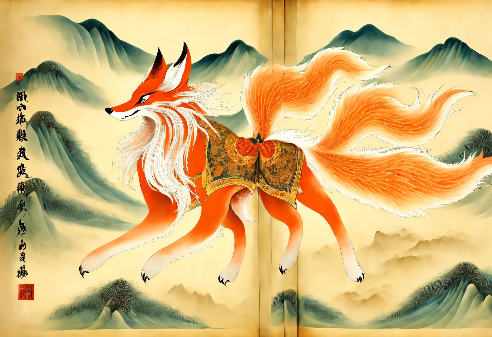 The nine-tailed fox, the mythical beast in ancient Chinese Classic of Mountains and Seas,a fox face,Half body,Some of the nine tails are translucent,All the tails spread out wildly like a big skirt.