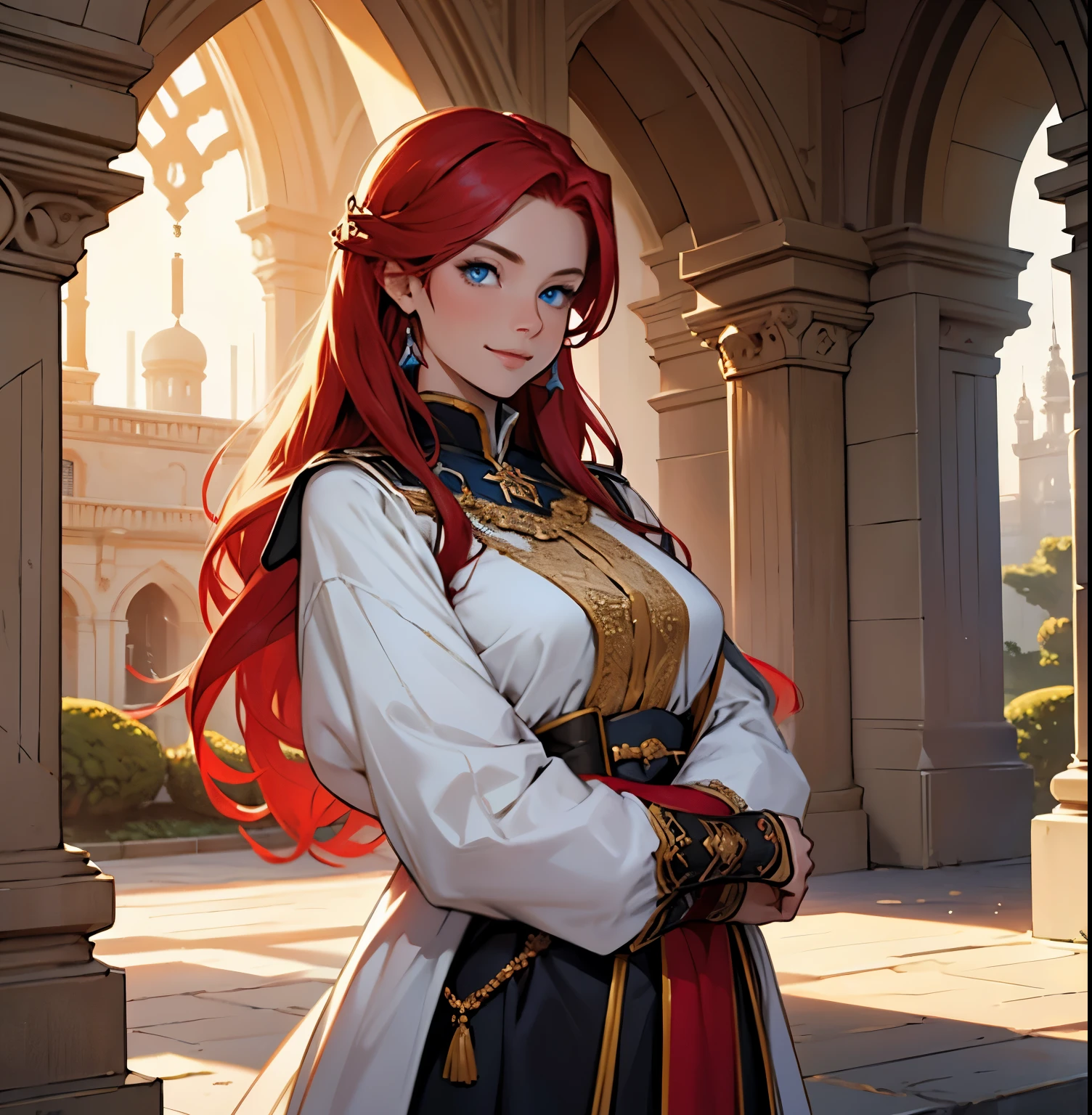 A girl with red hair and blue eyes, wearing noble clothes, with a gentle smile, in a Palace environment. (Eight years:1.8), [vibrant colors], [oil painting], [detailed background], [soft lighting], [high resolution], [elegant atmosphere], [beautifully detailed eyes], [beautifully detailed lips], [long eyelashes], hugging a young man with red hair, blue eyes, dressed royal clothes, pale skin and enviable beauty.