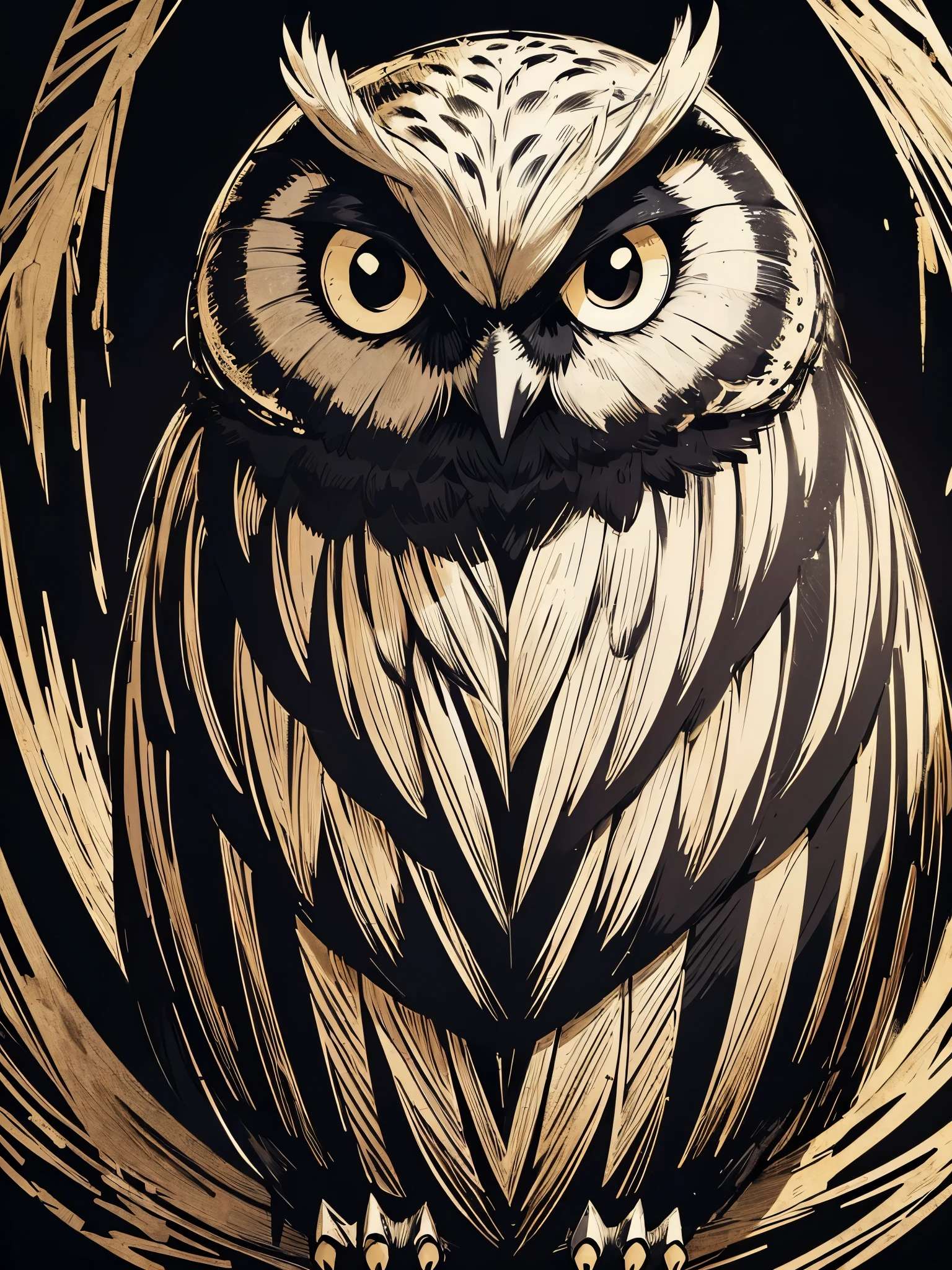 Owl line art, black background, (black, white and gold only 1.2), menacing