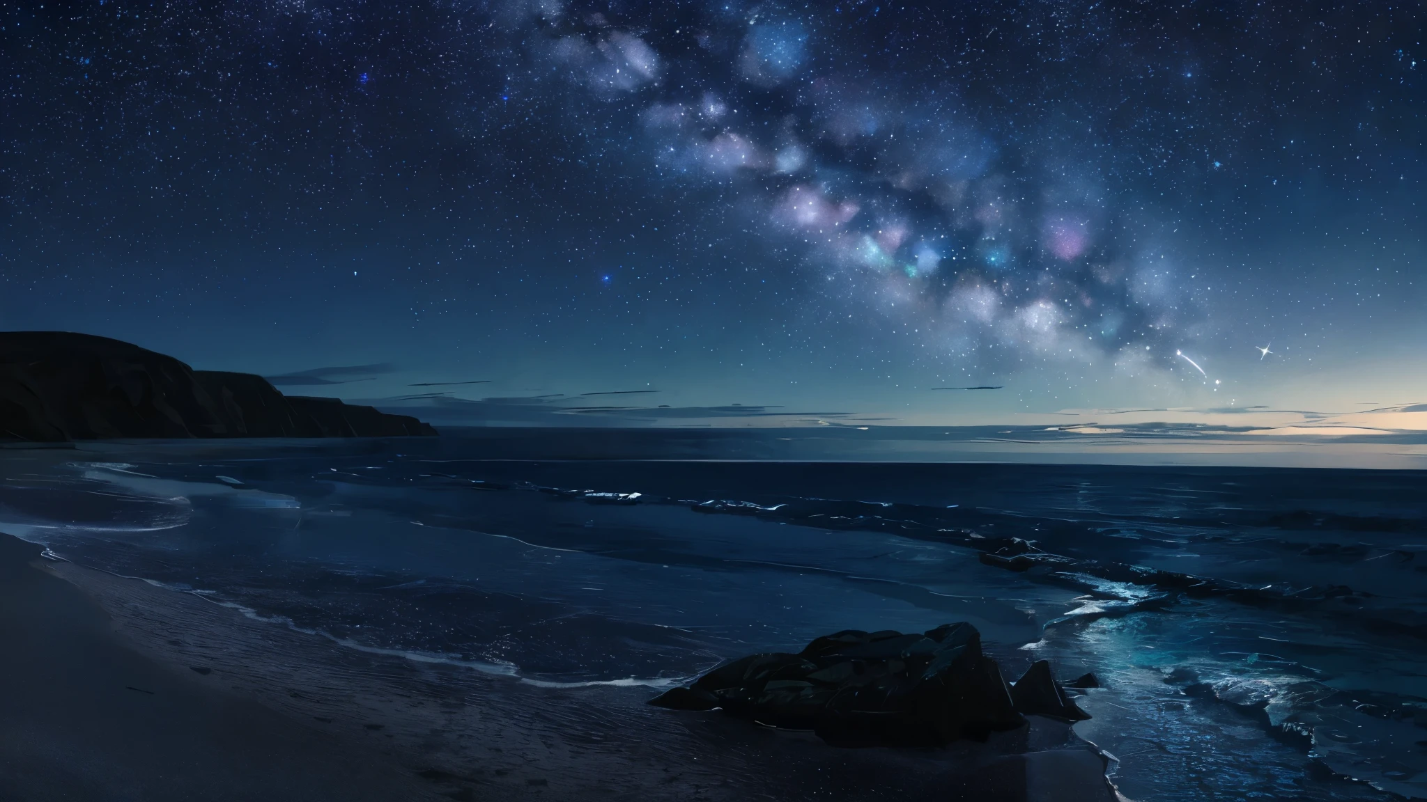 a view of a beach with a body of water under a starry sky, mikko lagerstedt, night sea, tranquility of the endless stars, the night sky is a sea, ocean pattern and night sky, beautiful dark beach landscape, interstellar night, inspired by Michal Karcz, night sky reflected in the water, dark starry night, night sky photography, lonely night
