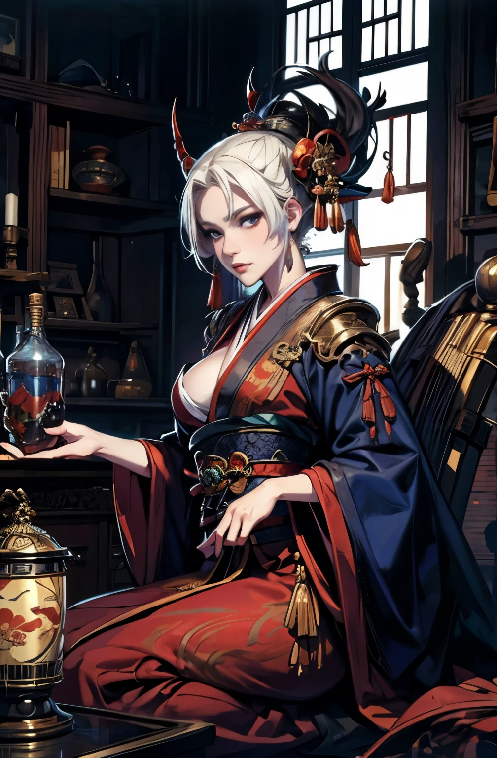 beautiful demon painting, Demon woman with a sword, woman samurai, mouth with fangs,platinum blonde demon, Beautiful red kimono, Oiran, Doji Ibaraki, Sake Drinker Doji, Inspired by Chen Yifei, Inspired by Francesco Hayez, Inspired by Hendrik Terbruggen, Jean=Works that influenced Auguste Dominique Ingres, Inspired by Liu Jun, Jean=Works that influenced Auguste Dominique Ingres, highest quality, perfect angle, perfect composition, best shot, official art, cinematic light, figurative art, Beautiful and expressive paintings, Beautiful artwork illustration, wonderful, cool beauty, clear, Mysterious, highest quality, official art, perfect composition,perfect angle, best shot, women only, sharp outline, pretty much beautiful face, demon of kyoto, Lord of Chimi-Mourou, A ruthless demon woman, demon queen, full body tattoo, wide, Rashomon