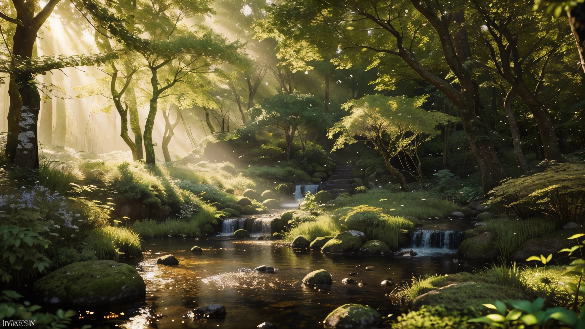 A breathtaking forest scene with tall trees reaching for the sky, sunlight filtering through the leaves, casting a golden glow on the forest floor. Small streams trickle through the moss-covered rocks, creating a serene ambiance. Delicate branches adorned with vibrant flowers and leaves add a touch of color to the scene. Fireflies dance in the air, their gentle glow illuminating the surroundings. The air is filled with a soft melody as butterflies flutter among the blossoms. Capture this enchanting moment in an intricate, high-quality illustration, with attention to the finest details and realistic shadows. Isometric 3D rendering using Octane Render and Ray Tracing will bring this magical forest to life