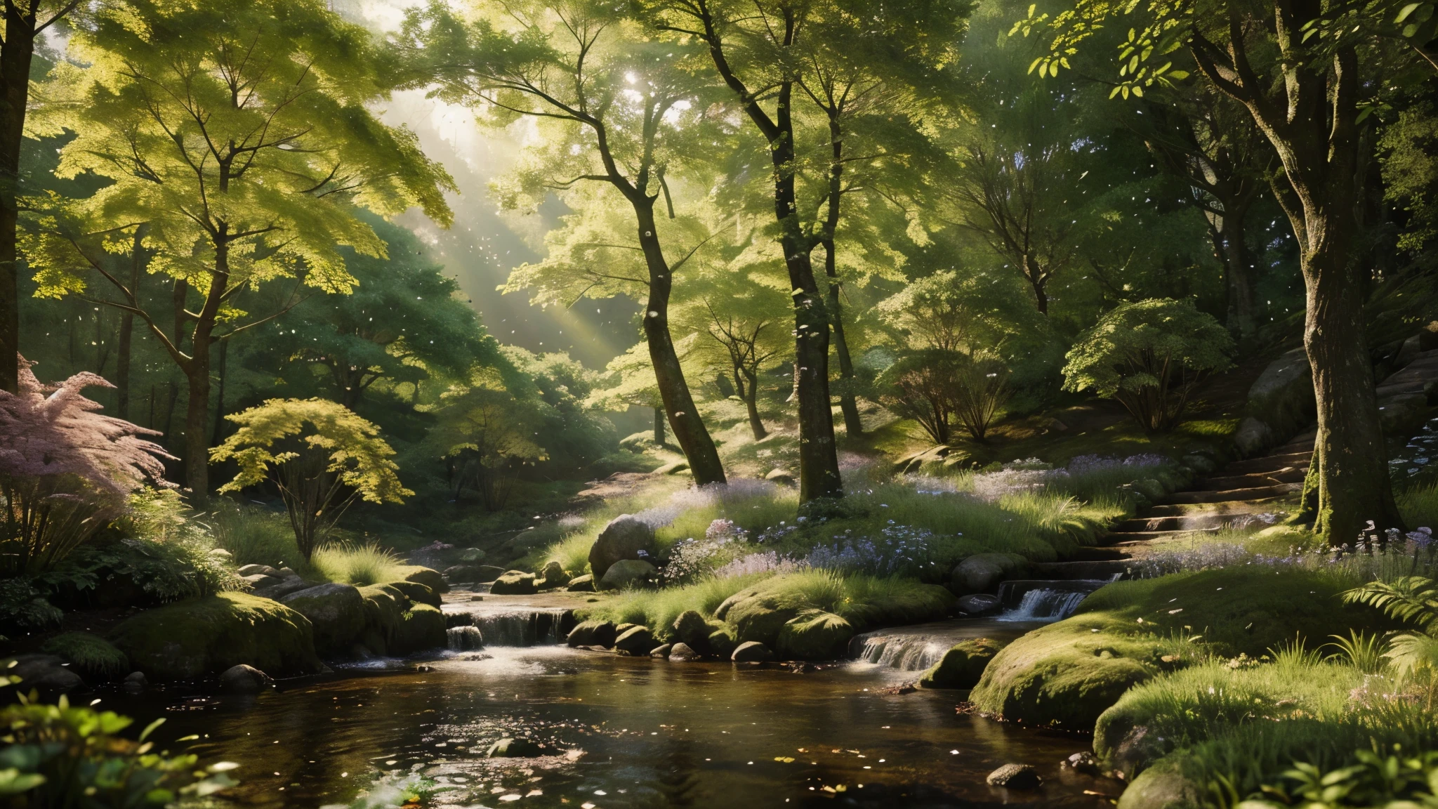 A breathtaking forest scene with tall trees reaching for the sky, sunlight filtering through the leaves, casting a golden glow on the forest floor. Small streams trickle through the moss-covered rocks, creating a serene ambiance. Delicate branches adorned with vibrant flowers and leaves add a touch of color to the scene. Fireflies dance in the air, their gentle glow illuminating the surroundings. The air is filled with a soft melody as butterflies flutter among the blossoms. Capture this enchanting moment in an intricate, high-quality illustration, with attention to the finest details and realistic shadows. Isometric 3D rendering using Octane Render and Ray Tracing will bring this magical forest to life