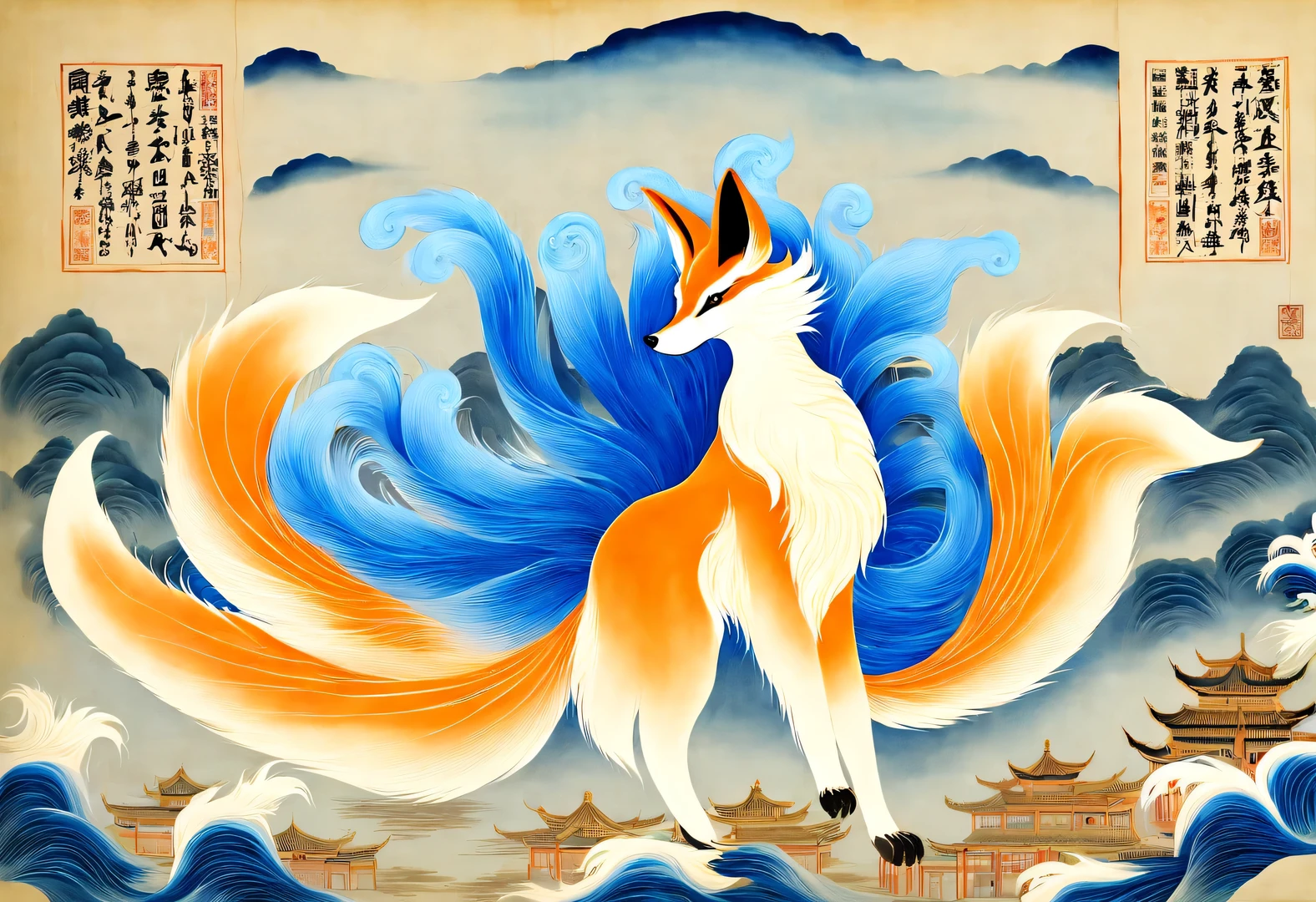 The nine-tailed fox, the mythical beast in ancient Chinese Classic of Mountains and Seas，a fox face，Half body，Some of the nine tails are translucent，All the tails spread out wildly like a big skirt.，The edge of the tail emits light blue light，