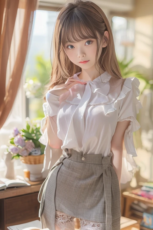 (upper body) , masterpiece , top quality , very detailed , 1 person, (contrasting eyes) , standing , blouse, skirt , bangs , room , indoor