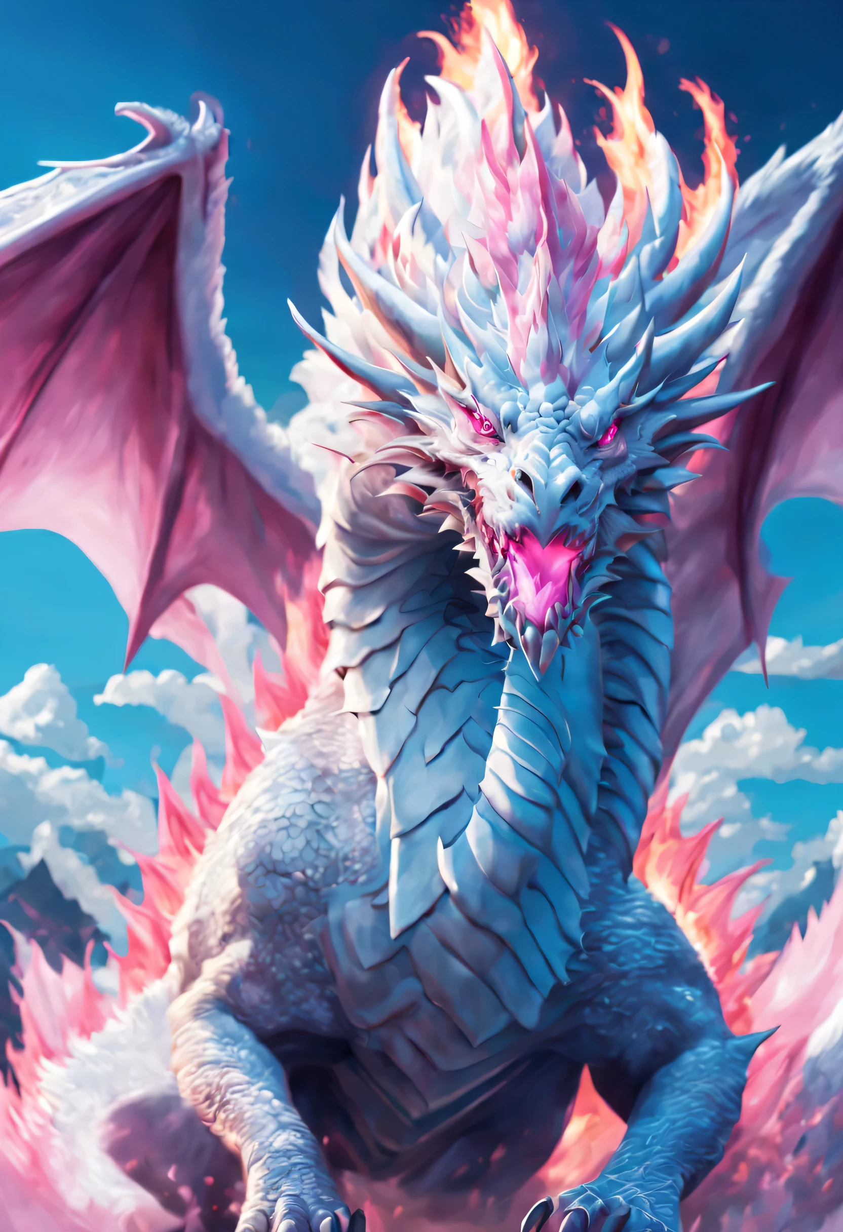 A white dragon with pink accents and pink flames coming out of its mouth towards the bright, clear blue sky