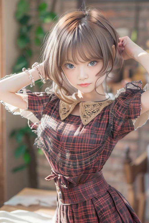 (upper body) , masterpiece , top quality , very detailed , 1 person, (contrasting eyes) , standing , blouse, skirt , bangs , room , indoor