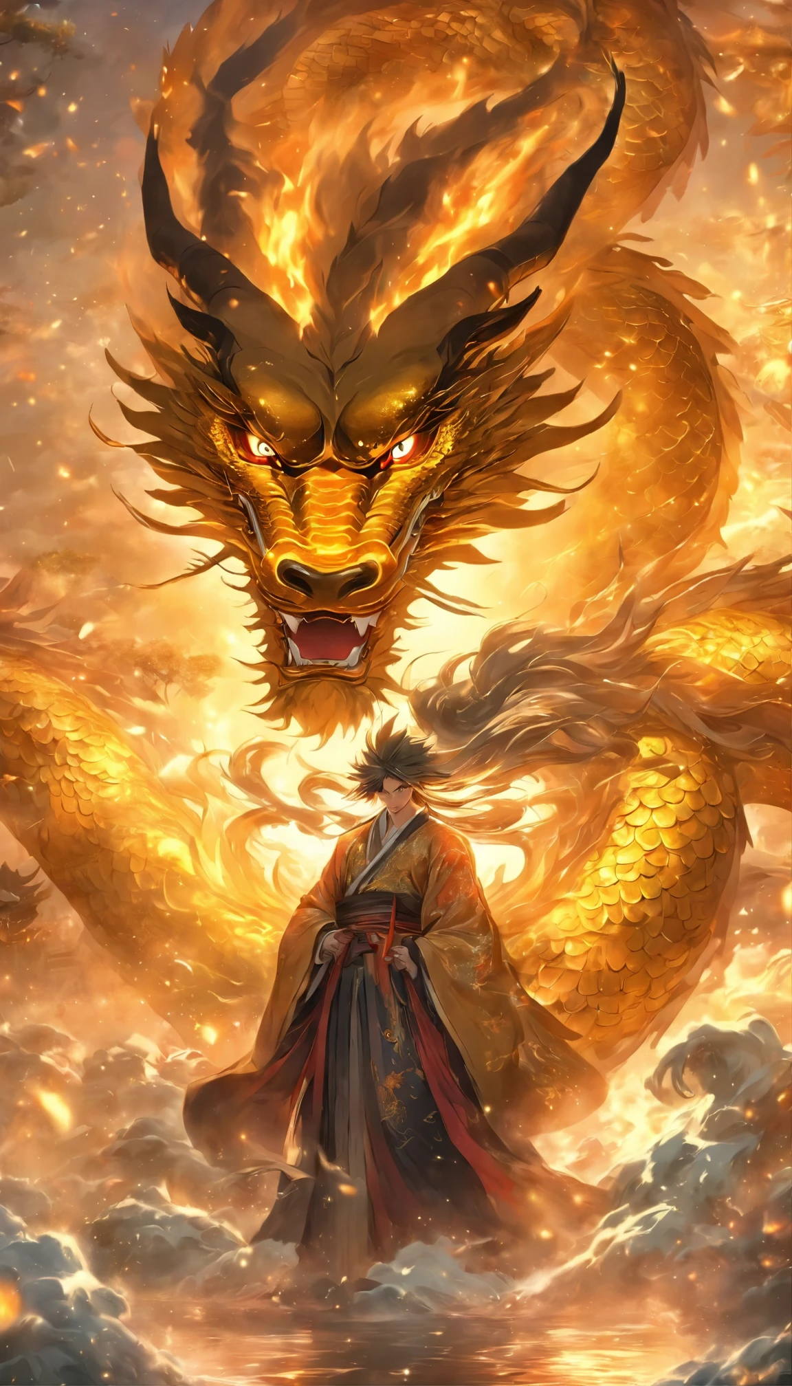 (best quality,8k,Super detailed,surreal:1.2),Chinese scenery,In front of a huge five-clawed golden dragon,Hands outstretched,messy long hair,Glowing special effects,surreal,中国黑白ink风格,brilho prata,pastel colors,Makeup is dirty,ink,Very detailed,high resolution,Physically based rendering