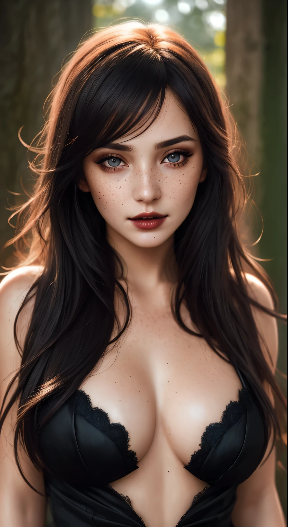 (best quality, hyperdetailed photography:1.2), beautiful lady, freckles, dark makeup, soft light, head and breast portrait, cover, (detailed beautiful face, detail skin texture, ultra-detailed body:1.1) sexy vampire girl,