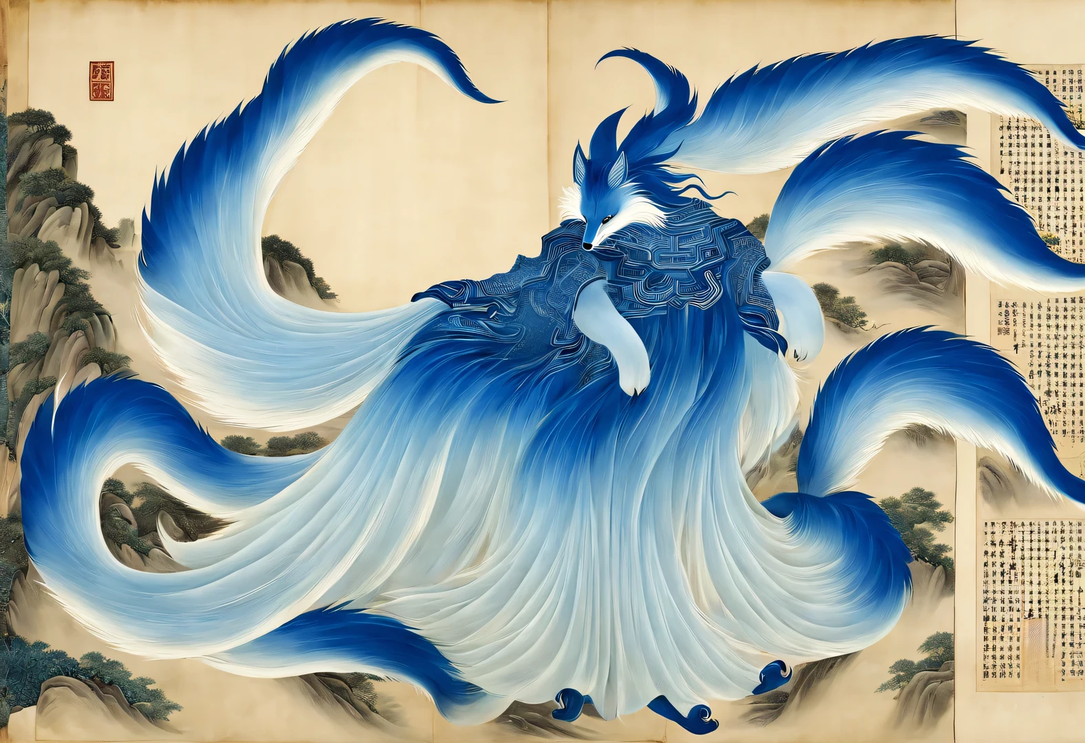 The nine-tailed fox, the mythical beast in ancient Chinese Classic of Mountains and Seas,a fox face,Half body,Some of the nine tails are translucent,All the tails spread out wildly like a big skirt.,The edge of the tail emits light blue light,