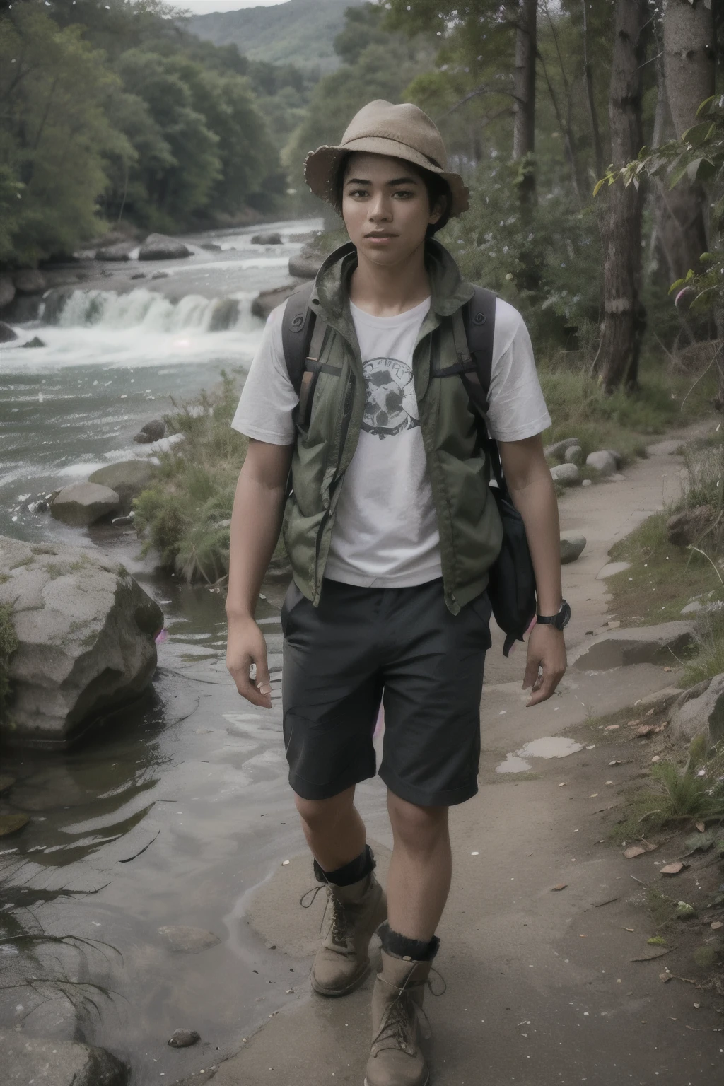Image of a 20 year old male natural adventurer with an Indonesian face and body posture. His skin color is tan, highlighting strong and bold characteristics. He wears an old jungle hat with symbols of adventure such as pins, badges, or signs of nature. His eyes are passionate and full of curiosity, showing curiosity and courage to explore nature. Clothing befits a natural adventurer, perhaps consisting of short trousers, a thick jacket or vest, and sturdy hiking boots. He carried a folded map, compass, and other equipment needed for wilderness adventures. In the background, there are stunning natural views such as mountains, wilderness, or flowing rivers, adding an immersive atmosphere of adventure.