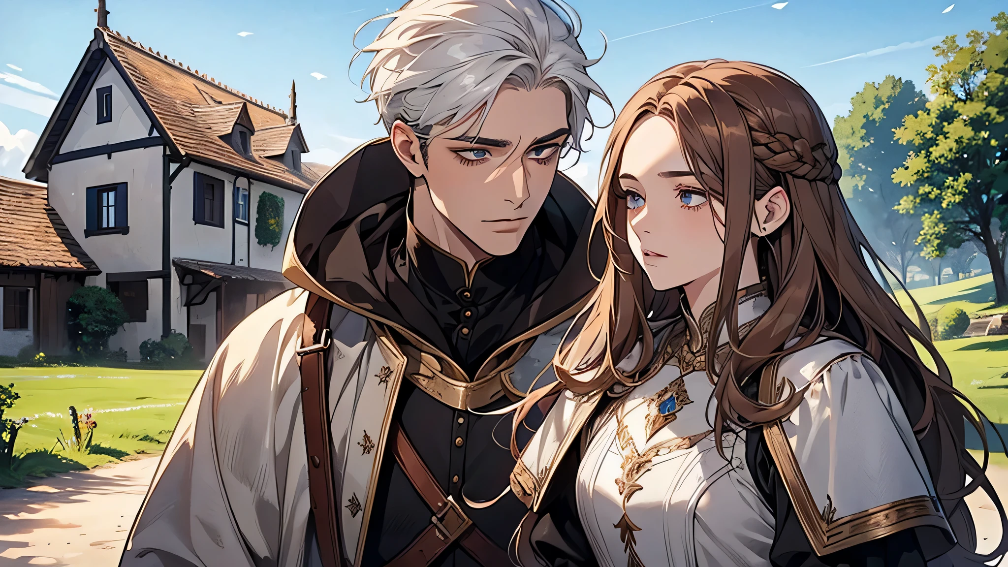1 handsome man, 1 beautiful girl, man in white hair, girl in brown hair, in a small village, countryside, blue sky, medieval times, knight, confused face, face detailed, plump lips, no expression, calm face, detailed eyes, detailed nose,