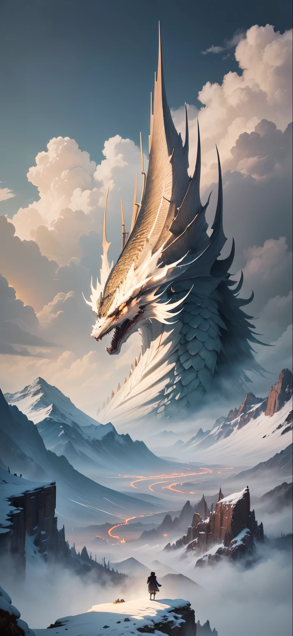 huge fearful object , on a snowy mountain , noble landscape , artistic landscape , boy in clouds wearing white robe , fighting golden dragon , heaven , hell , silver dragon , secret , beautiful , magnificent , brilliant , strong size contrast , epic , film , Chinese silver dragon , Wu Guanzhong , Zhang Kechun , snowy mountain , huge silver dragon