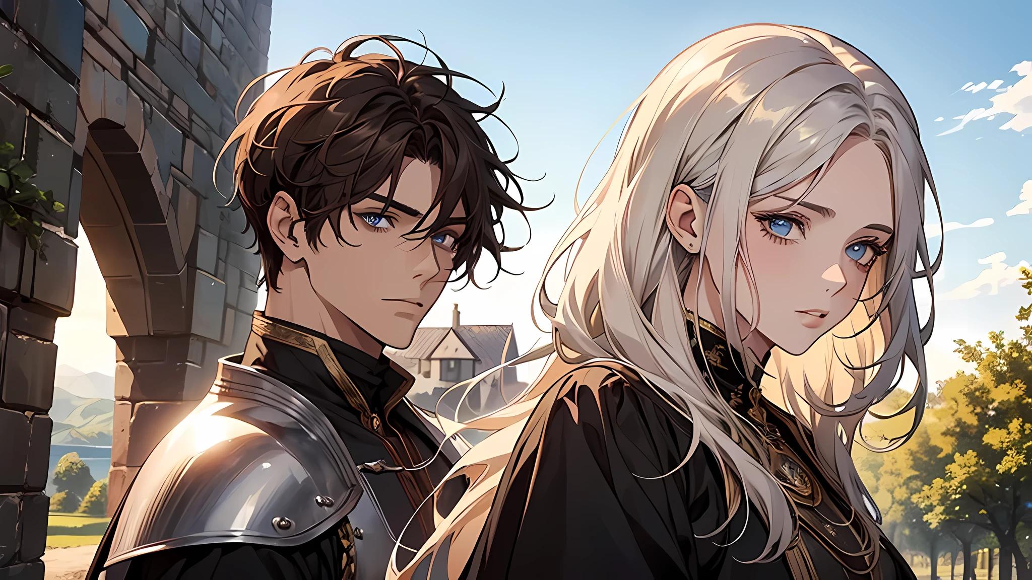 1 handsome man, 1 beautiful girl, man in short white hair, girl in brown hair, medieval times, knight, confused face, face detailed, plump lips, no expression, calm face, detailed eyes, detailed nose, night time, dark alley, girl using magic, magic arrow in hand, smoke everywhere, attack, chaos, crowded