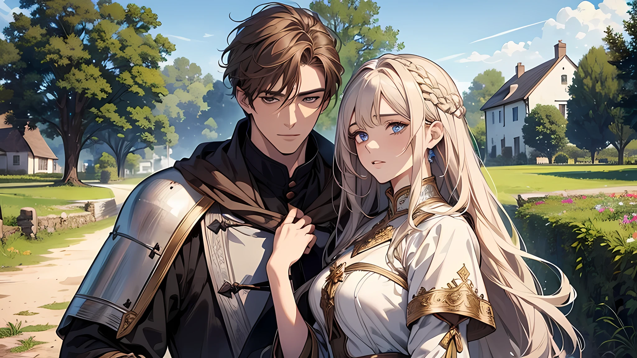 1 handsome man, 1 beautiful girl, man in white hair, girl in brown hair, in a small village, countryside, blue sky, medieval times, knight, confused face, face detailed, plump lips, no expression, calm face, detailed eyes, detailed nose,
