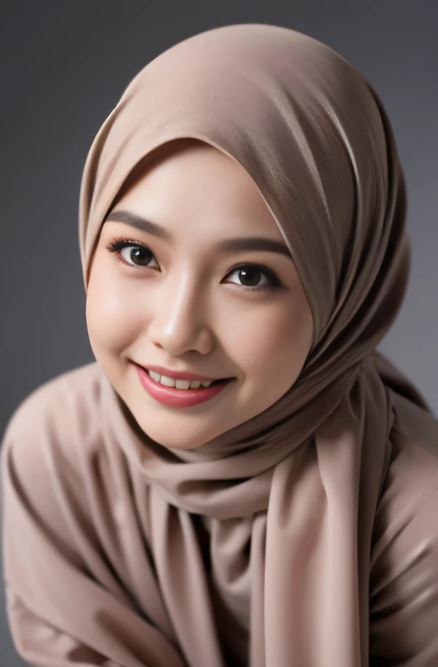 Very very very skinny asian hijab little flat chest, medium breast, (naked, nsfw), close up face, dynamic angle, smile showing teeth, photorealistic, high resolution, looking at viewer, sharp focus, detailed, professional lighting, from above