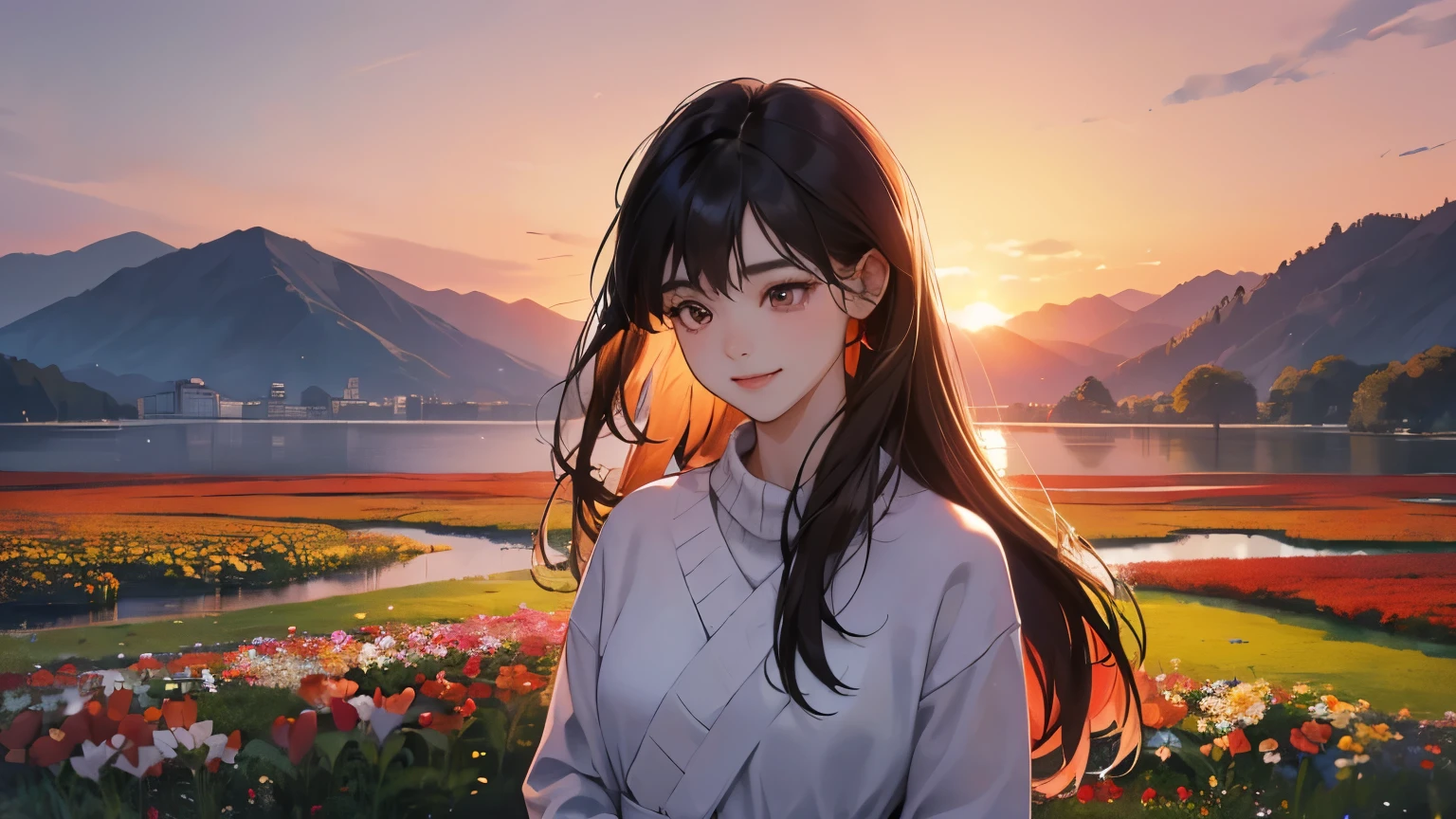 ((masterpiece)),(((bestquality))),((ultra-detailed)) realisticlying, 1 girl, korean woman, Beautiful, Standing, wearing a sweater, Beautiful sunset, solo, The sky turns red at sunset, Face smile, looking away, fowers, lake. flower garden,