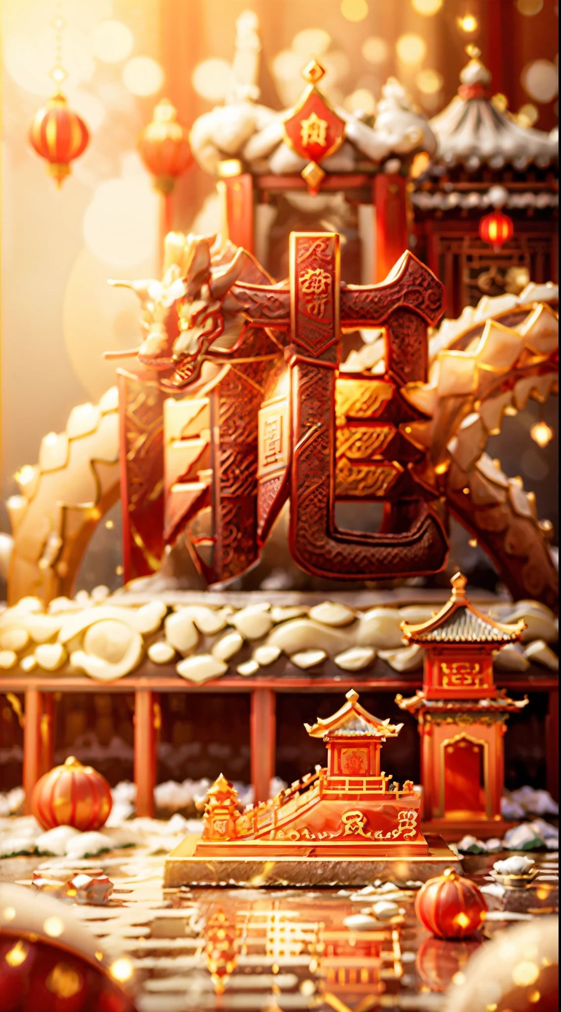 (red theme:1.1),((the palace museum)),the red lantern,major snow,new year,jade carving,Chinese Garden,(Chinese knot),(Chinese dragon),fantastic,magical light effect,Masterpiece,super delicate,three-dimensional,super rich,super detailed,32k,gold,gold line,jade,