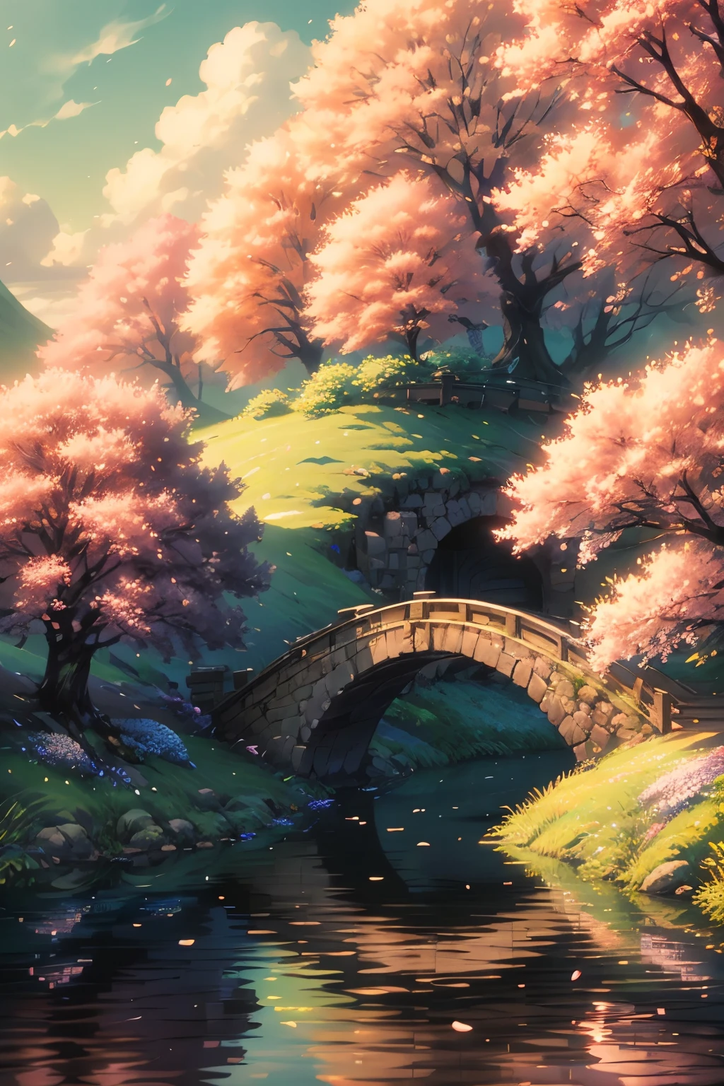 (bubbles,swirling fountain,beautiful landscape,river,bridge,anime art wallpaper:4k,marshmallows,fluffy,hydrangea,fragrance,orange scent,cherry blossoms,swirling marshmallow clouds,anime art wallpaper:8k,anime landscape wallpaper,beautiful anime scene,anime nature wallpaper,beautiful anime scenery,anime wallpaper:4k,anime style:4k)。In this beautiful landscape painting,The river meanders quietly,The bridge connects the two sides together。behind this scene,Swirling marshmallow clouds float in the sky,It adds a touch of dreamy atmosphere to the whole picture。There are also some details in the picture,For example, the scent of hydrangeas in bloom,Orange scent,The petals of the cherry blossom tree fall in the wind。This painting is presented as anime art as wallpaper,Make people feel the unique beauty and charm。This is an intoxicating view,Beautiful nature wallpapers that look like they came out of the anime world。This picture is presented in 4K high-definition quality,Clear details,Bright colors,Extremely realistic。In this picture,You will feel the unique charm and mystery of anime style。