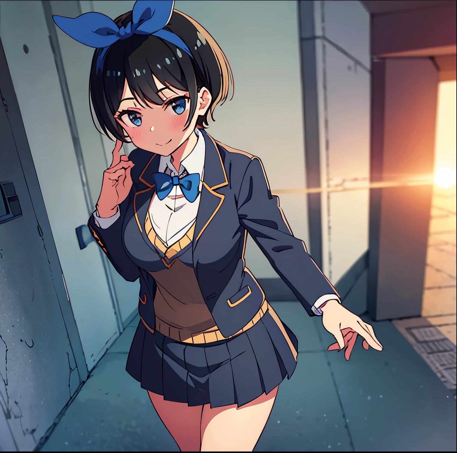 1girl, alone, ruka sarashina, main piece, high quality, high resolution, blue bow, a woman with dark hair, short hair, black hair, blue eyes, long sleeves, school uniform, jacket, black jacket, blazer, open clothing , green tie, (sweater vest: 1.1), shirt, skirt, black socks, loafers, brown shoes, black bow, bow, blue hair band, bangs, large and full breasts, cleavage, medium waist, medium hips, thighs wide, cowboy photo, smile, seductive, embarrassed, walking, school, sunset, looking at viewer, pov (from above), excellent hands, excellent anatomy