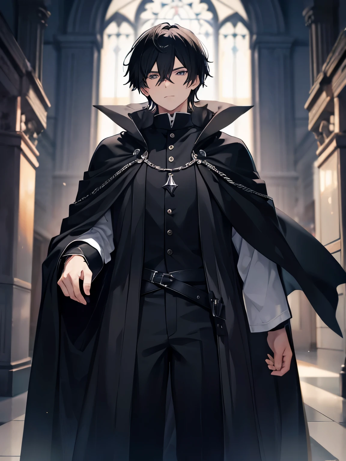 Bored young male adult with black hair in a black cloak 