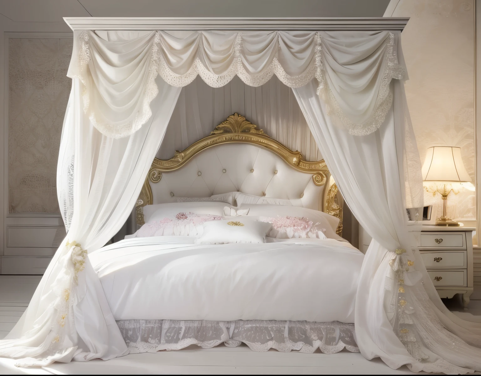 ,highest quality, masterpiece, highest resolution, artwork, super それにget used to it, many get used to it, get used to it, それにget used to it, 3K realistic photos,,Pillow with large frills and ribbons,Detailed pillow,白い贅沢なcanopy bed,canopy bed,Luxury rococo style curtains on both sides of the bed,many white frilly pillows on the bed,super detailed background,Detailed bed,Soft round futon,Detailed white duvet cover with lots of ruffles and ribbons,romantic atmosphere,