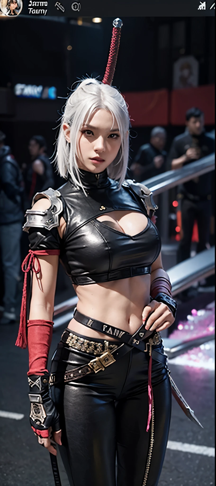 a close up of a person in a costume with a sword, as a character in tekken, female character, tifa lockhart with white hair, katana zero video game character, lunar themed attire, kda, slim body, cyborg - girl with silver hair, upper body avatar, fashion gameplay screenshot, fighting game character, new character, floralpunk elysian maiden, sigma female