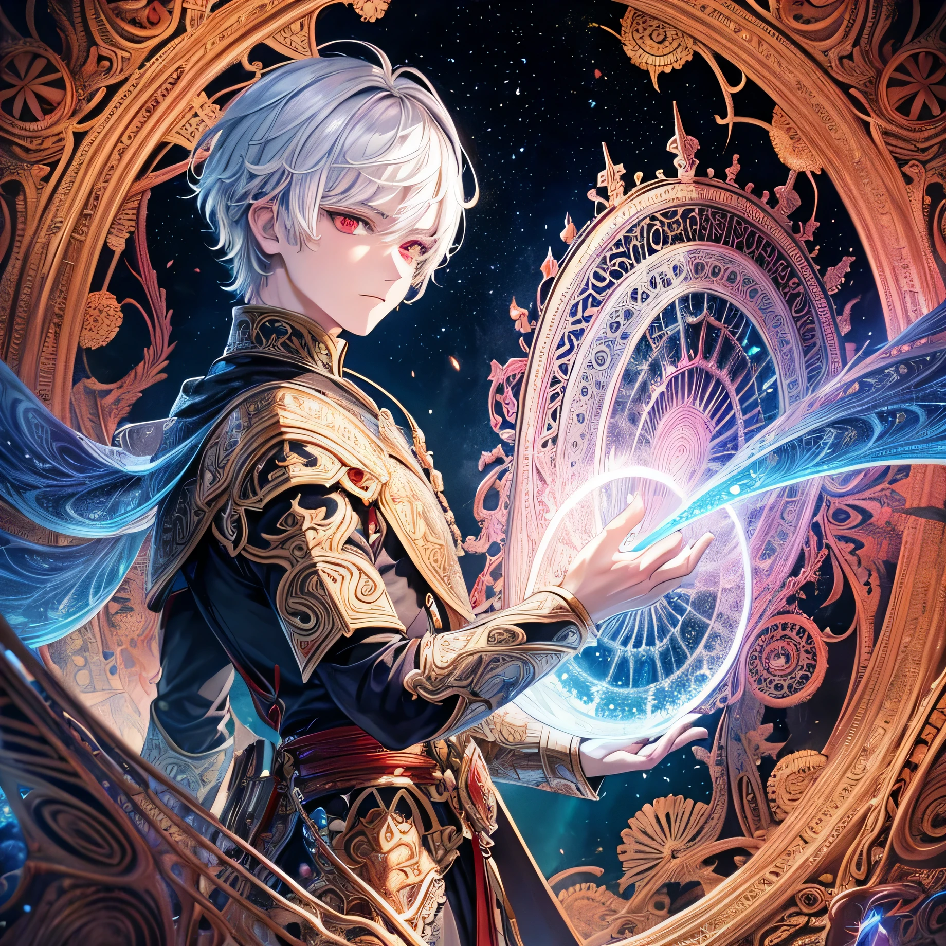 Realism, masterpiece, best quality, beauty and aesthetics, very detailed, fractal art, colorful, most detailed, zentangle, battle field background: 1.5, 1 boy: 1.3, god, white hair, short hair, glowing red eyes, mysterious, magical, ice, handsome man, anime style
