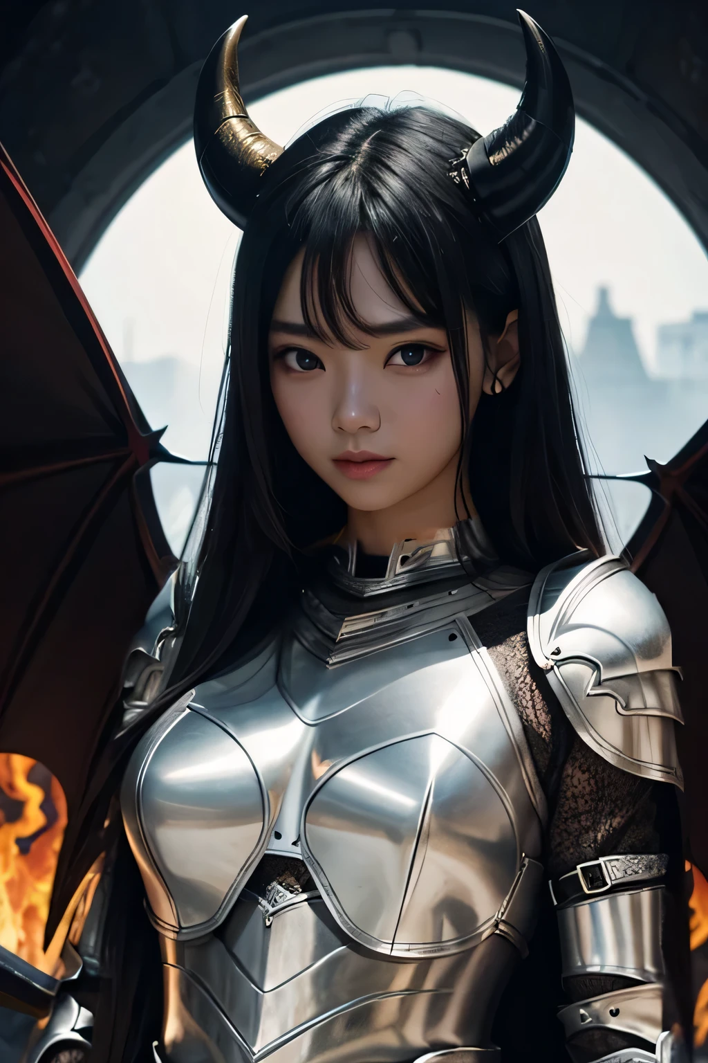 (World of Darkness),(Bleeding from the head), Professional , masterpiece、top-quality、photos realistic , depth of fields (Gemstone Black Metal Body:1.4),(Matte Black、Toostock、(cleavage of the breast)、((Random Hairstyles 1.6),Dark Fantasy,)explosions、intense fighting、Blood on the face,Blood Rain,Blood fog(blood splattere:1.2),Dragon Gold Weapon,Mystical expression、Particles of light、Fight dragons、(Toostock),Gorgeous Silver Weapons ,(( Dragon's dense and gorgeous sword)) ,,Detail and gorgeous crown、((Red hair))、(Castle background)、、((Gangle's forest background))、Beautiful Caucasian beauty、1a person、dynamic ungle,(((Detailed and ornate Black Devil Crown)))、Smaller head、A smile、Castle background、Thin and beautiful female hands、cleavage of the breast、Soldier in iron armor on background、Mystical expression、Light Effects、intense fighting、Wind-effect、magic circles、With the legendary magic wand、(demonic wings)、