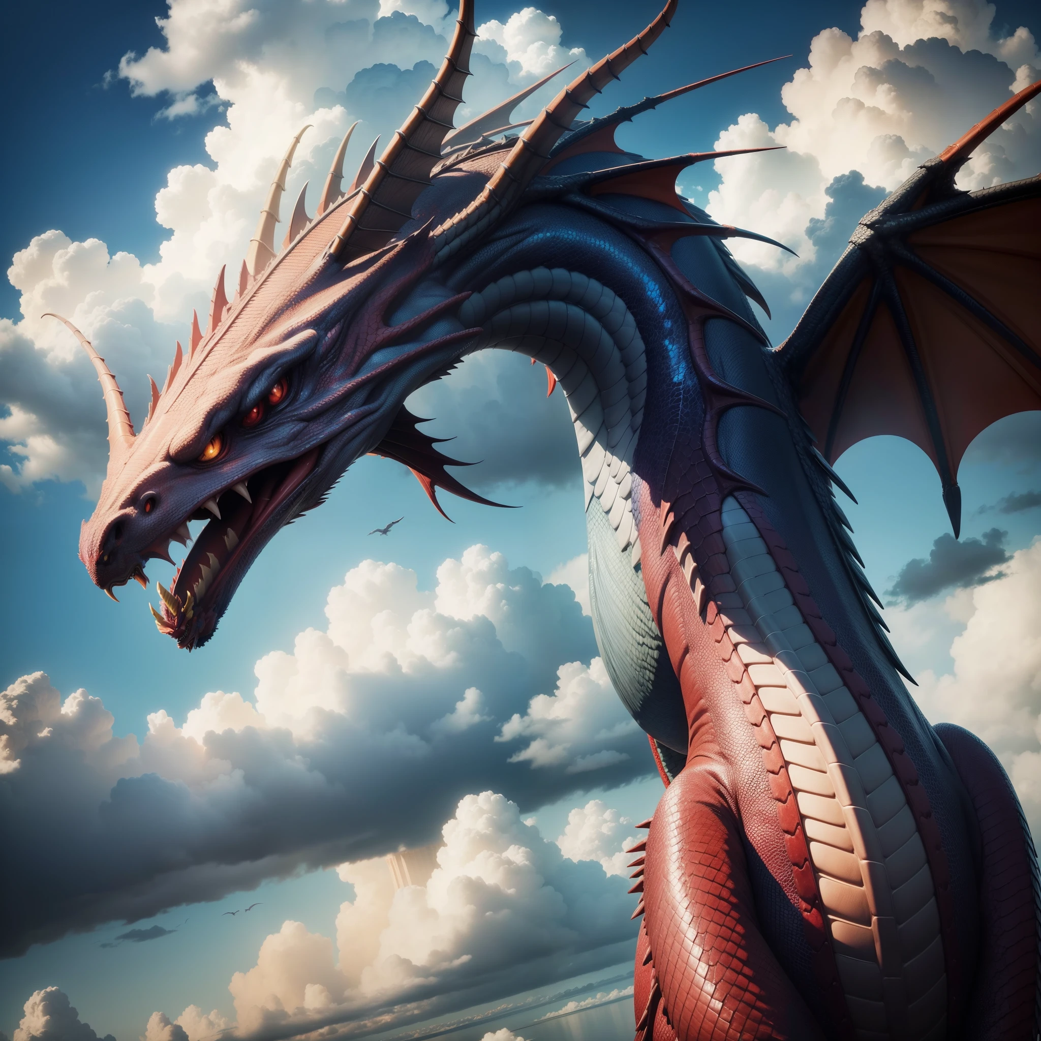 "American dragon with vibrant scales and majestic wings soaring through a cloudy sky."