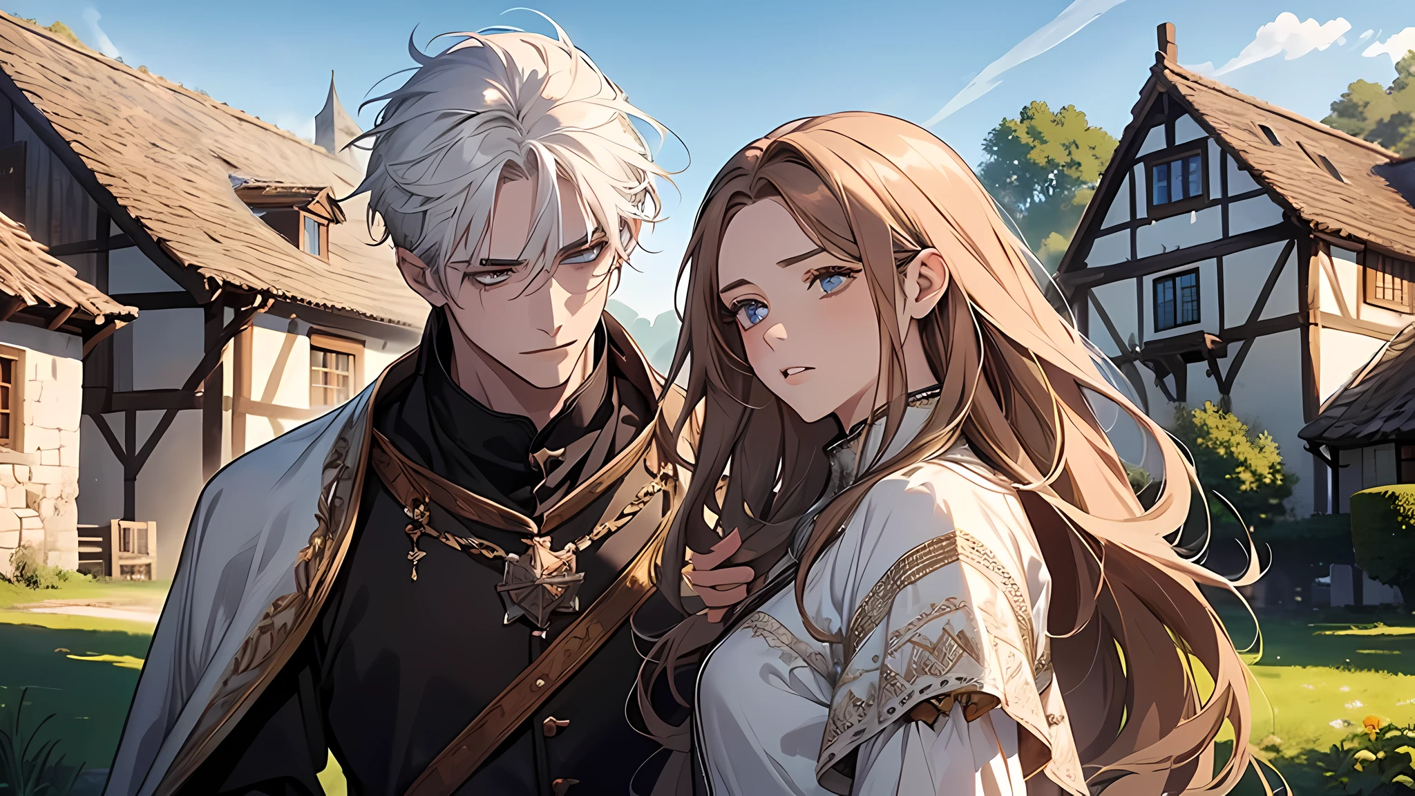 1 handsome man, 1 beautiful girl, man in white hair, girl in brown hair, in a small village, countryside, blue sky, medieval times, knight, confused face, face detailed, plump lips, no expression, calm face, detailed eyes, detailed nose