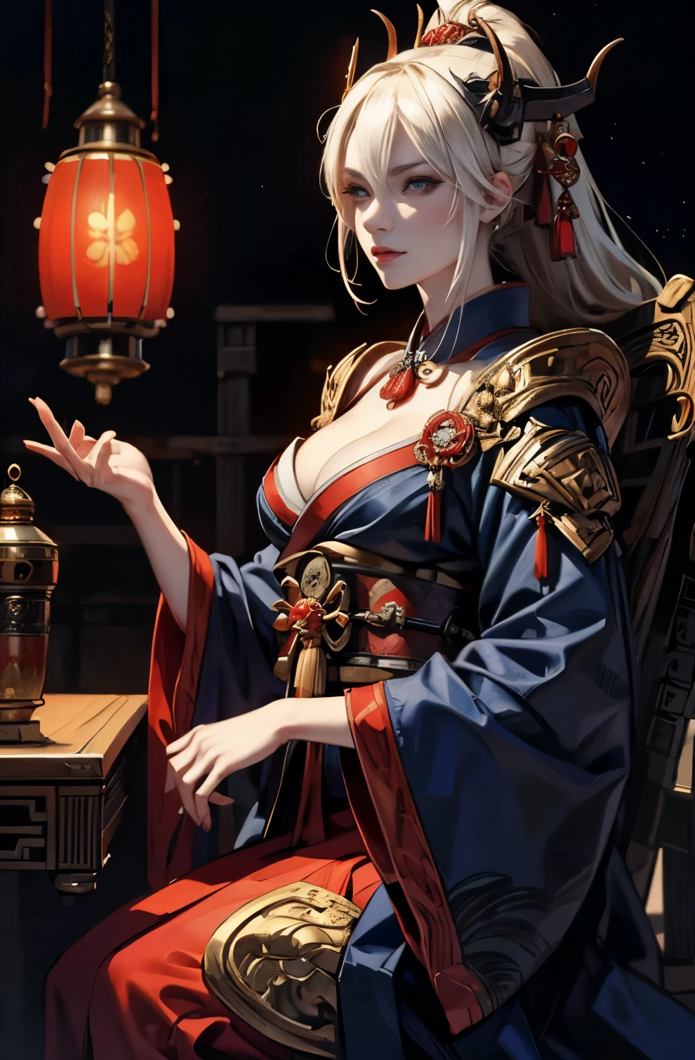 A picture of a beautiful demon standing, Demon woman with a sword, powerful female samurai, mouth with fangs,platinum blonde demon, Beautiful red kimono, Oiran, highest ranking woman, Doji Ibaraki, Sake Drinker Doji, Inspired by Chen Yifei, Inspired by Francesco Hayez, Inspired by Hendrik Terbruggen, Jean＝Works that influenced Auguste Dominique Ingres, Inspired by Liu Jun, Jean＝Works that influenced Auguste Dominique Ingres, highest quality, perfect angle, perfect composition, best shot, official art, cinematic light, figurative art, Beautiful and expressive paintings, Beautiful artwork illustration, wonderful, cool beauty, clear, Mysterious, highest quality, official art, perfect composition,perfect angle, best shot, women only, sharp outline, pretty much beautiful face, demon of kyoto, Lord of Chimi-Mourou, A ruthless demon woman, demon queen, full body tattoo, wide, Rashomon, Close-up