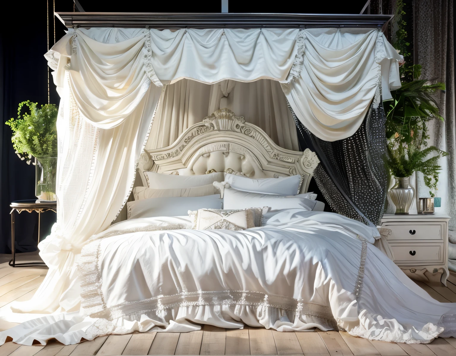 ,highest quality, masterpiece, highest resolution, artwork, super それにget used to it, many get used to it, get used to it, それにget used to it, 3K realistic photos,,Pillow with large frills and ribbons,Detailed pillow,白い贅沢なcanopy bed,canopy bed,Luxury curtains with ruffles in Rococo style,many white frilly pillows on the bed,super detailed background,Detailed bed,Soft round futon,Detailed white duvet cover with lots of ruffles and ribbons,romantic atmosphere,