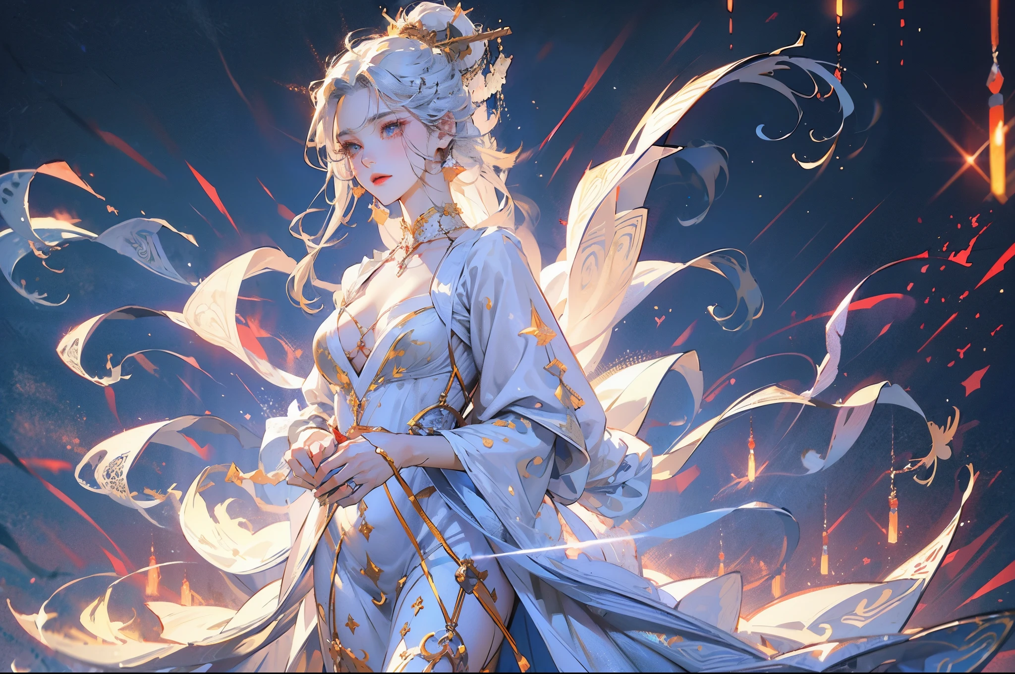 White hair, red eyes, beautiful eyes, long eyelashes, beautiful lips, white tunic, tunic decorated with rhinestones, crystals, diamond earrings, blush, background of the night garden of the palace, moon, shooting stars, moonlight from above right, bottom view, golden choker around the neck, silk tunic, embroidery on the tunic with gold threads