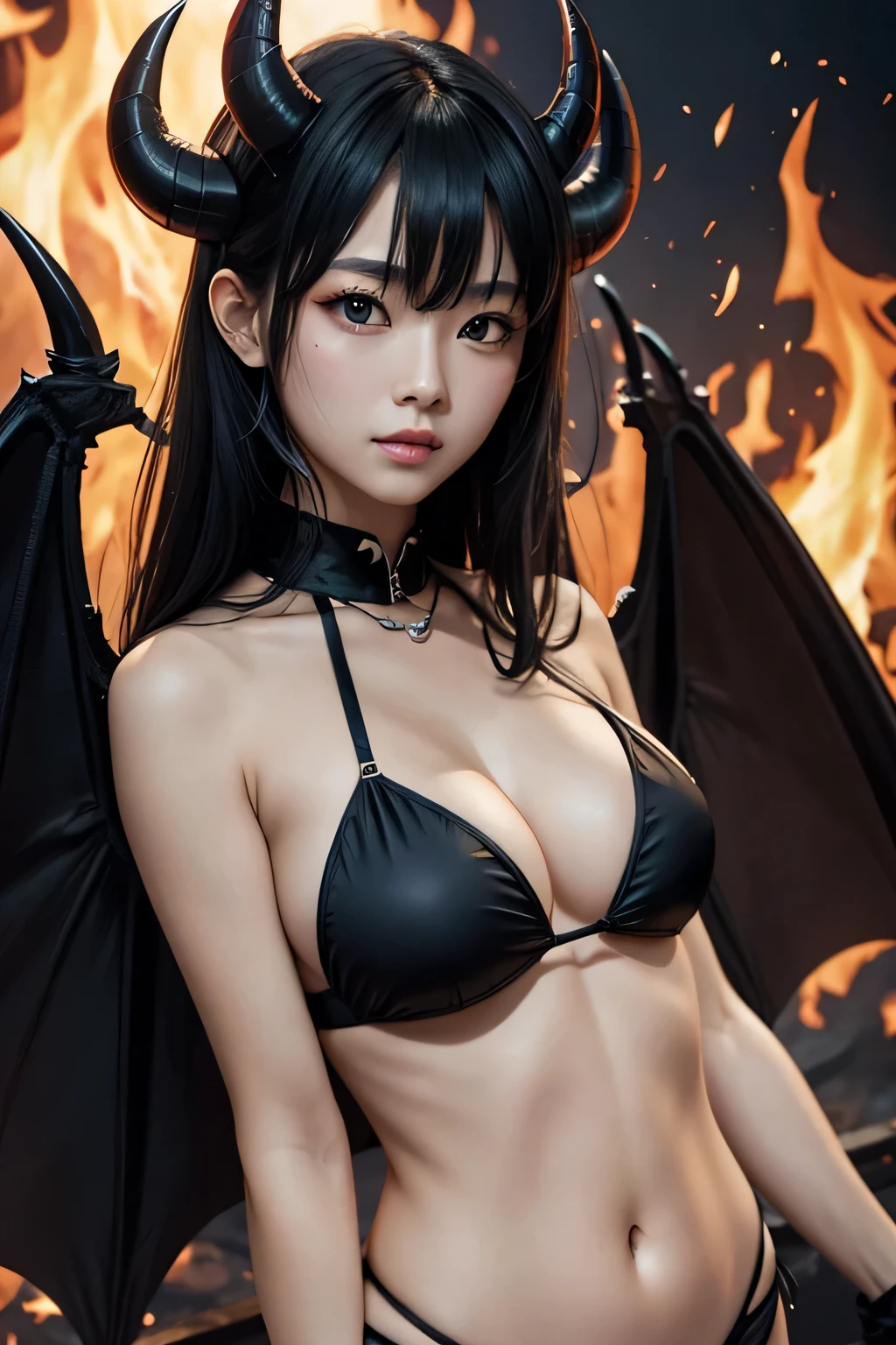 Female Devil、bat wings、break、black horns、british、black hair、break、Yellow Bikini、The background is darkness and fire