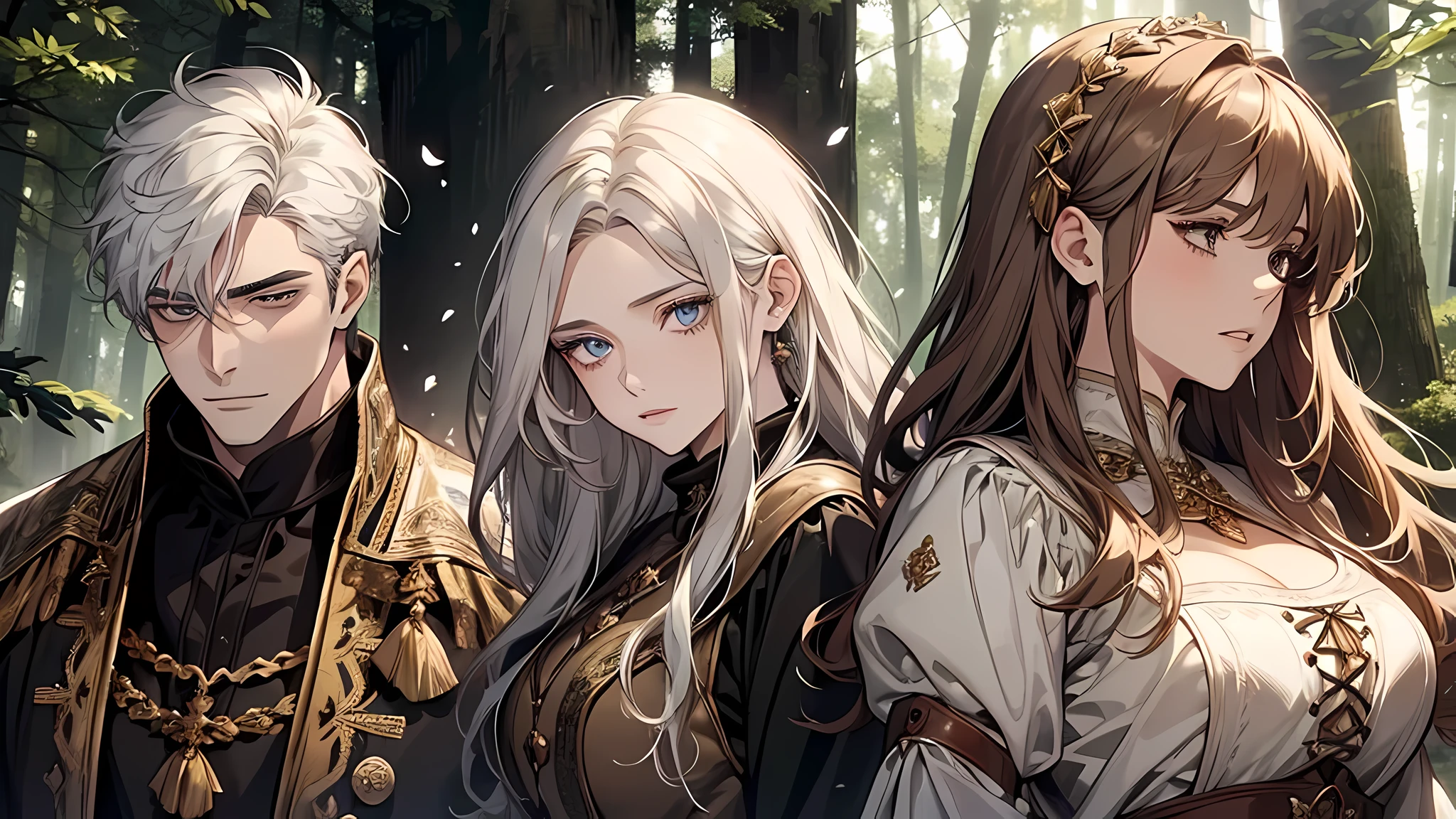 1 handsome man, 1 beautiful girl, man in white hair, girl in brown hair, in a forest, medieval times, knight, confused face, face detailed, plump lips, no expression, calm face, detailed eyes, detailed nose