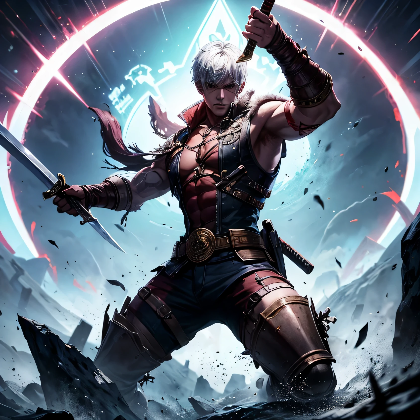 max level player, best quality, best details, battle background, his face is full of wounds, holding a sword, his body is surrounded by an evil aura.