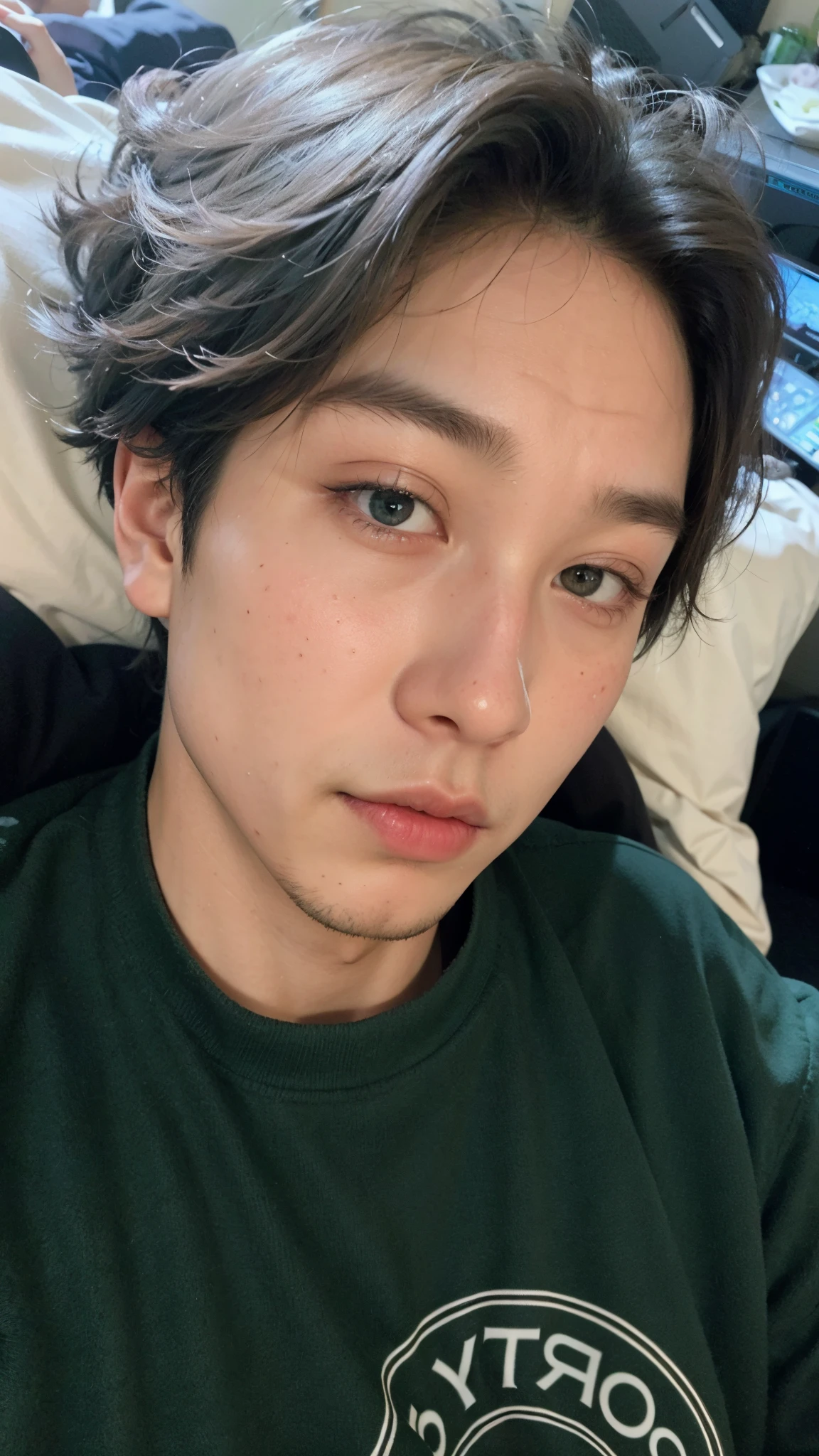 There's a man lying in bed in a green shirt, taejune kim, Jinyoung Shin, Jimin\the right eyelid is swollen, hyung tae, paulo kwon, Yanjun Chengt, taken at the beginning of 2020, Hong junho hyung, Kim Doyoung, Joongwon Carlos Jeong, homem sul-coreano, jaeyeon nam, inspirado em jeonseok lee