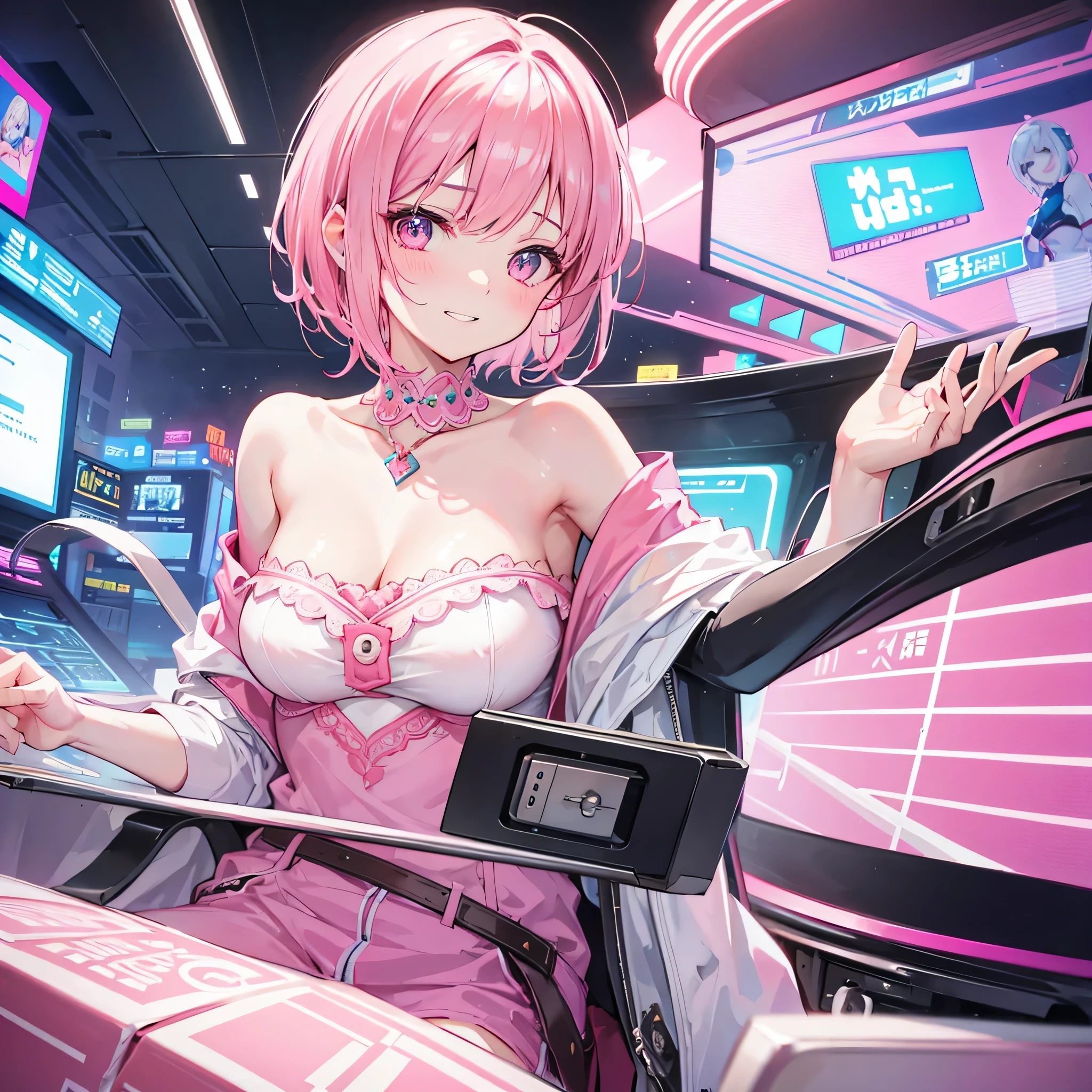 Short off-shoulder hair in pink and white,Rin々nice and lovely girl, grin and laugh, close up of face, In the arcade