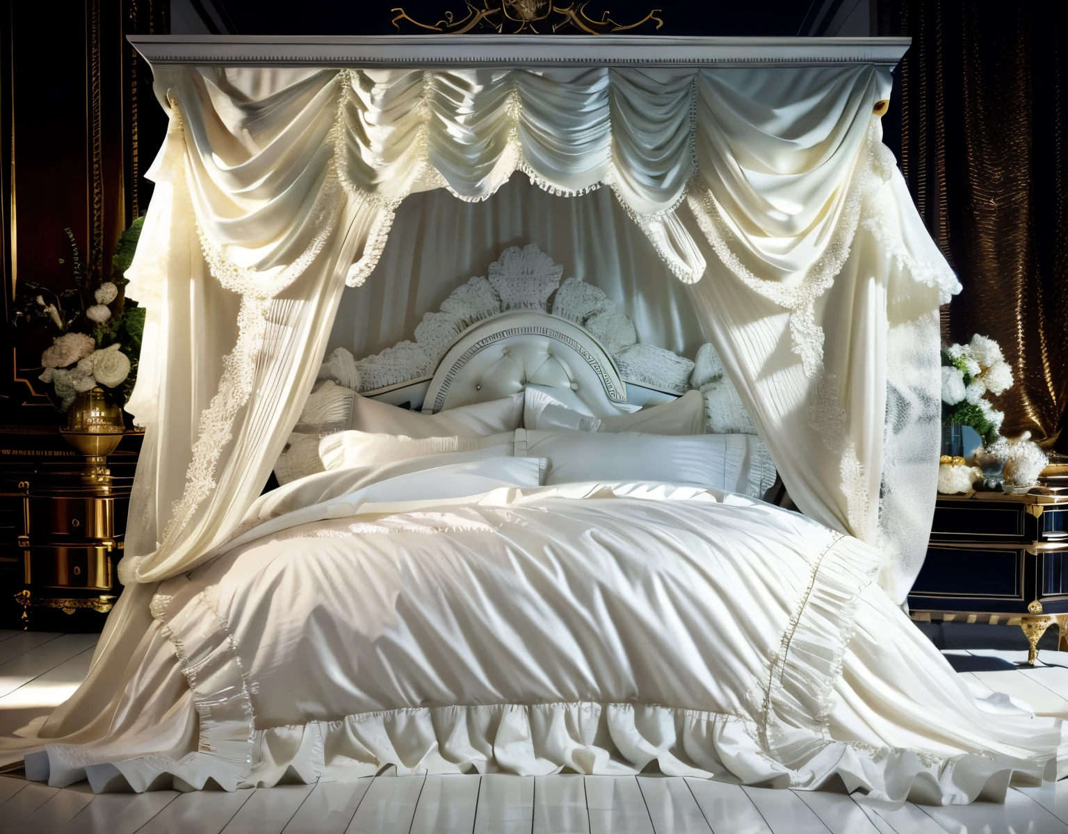 ,highest quality, masterpiece, highest resolution, artwork, super それにget used to it, many get used to it, get used to it, それにget used to it, 3K realistic photos,,Pillow with large frills and ribbons,Detailed pillow,白い贅沢なcanopy bed,canopy bed,Luxury curtains with ruffles in Rococo style,many white frilly pillows on the bed,super detailed background,Detailed bed,Soft round futon,Detailed white duvet cover with lots of ruffles and ribbons,romantic atmosphere,