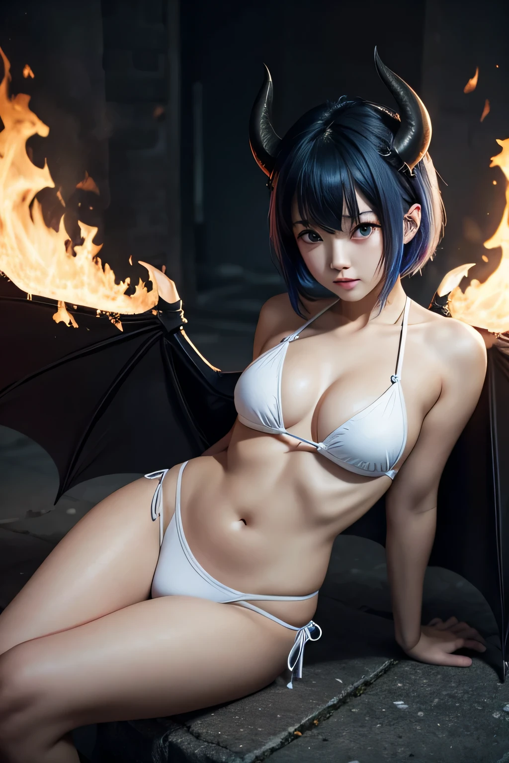Female Devil、bat wings、break、black horns、british、short blue hair、break、white bikini、The background is darkness and fire